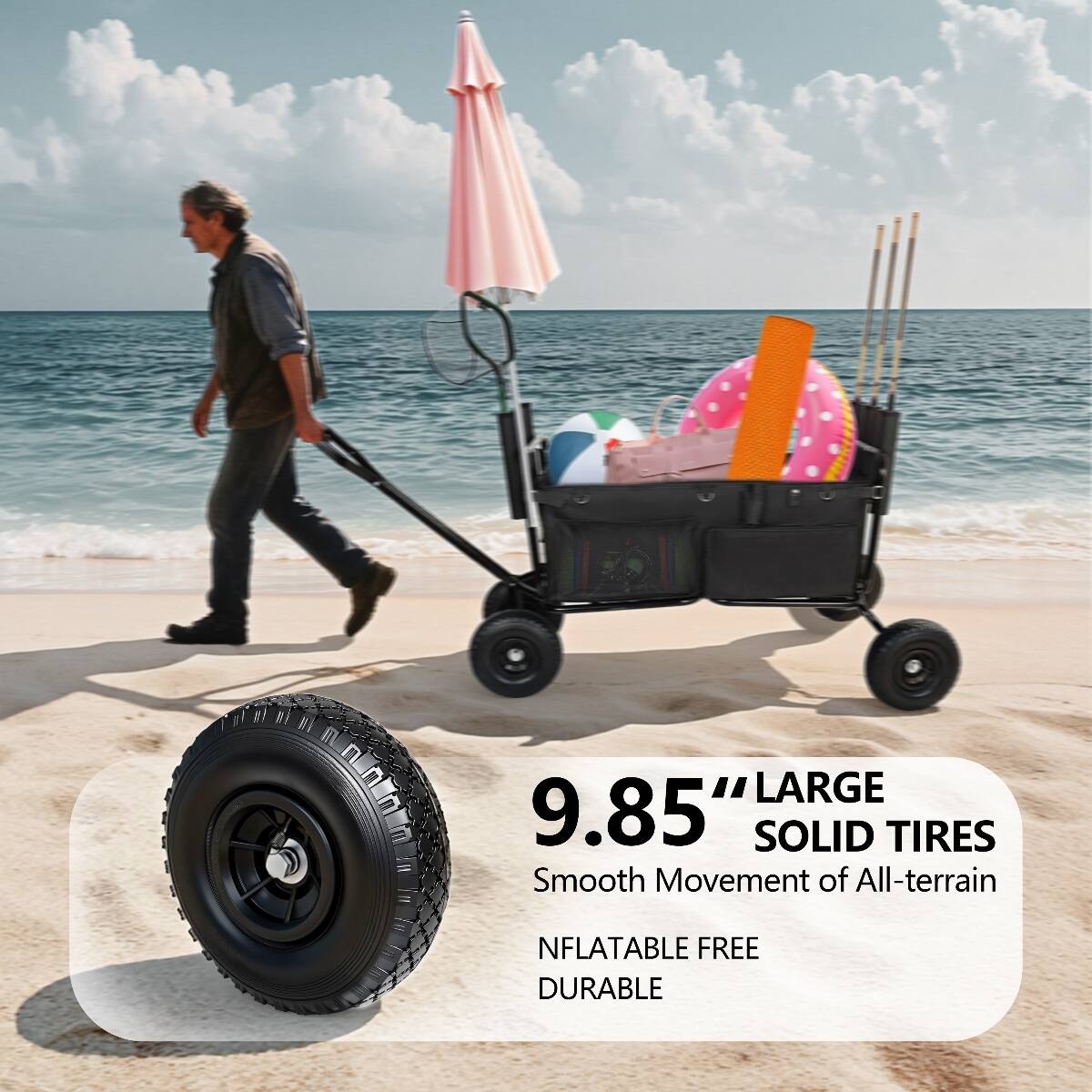 9.85" LARGE SOLID TIRES  
Smooth Movement of All-terrain  
INFLATABLE FREE  
DURABLE
