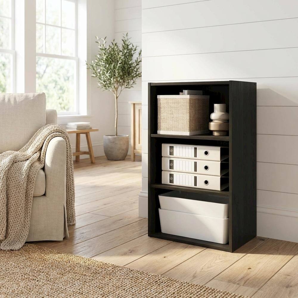 Left. FurniFact - Espresso 3-Tier Open Shelf Bookcase with Storage Organizer - Espresso.