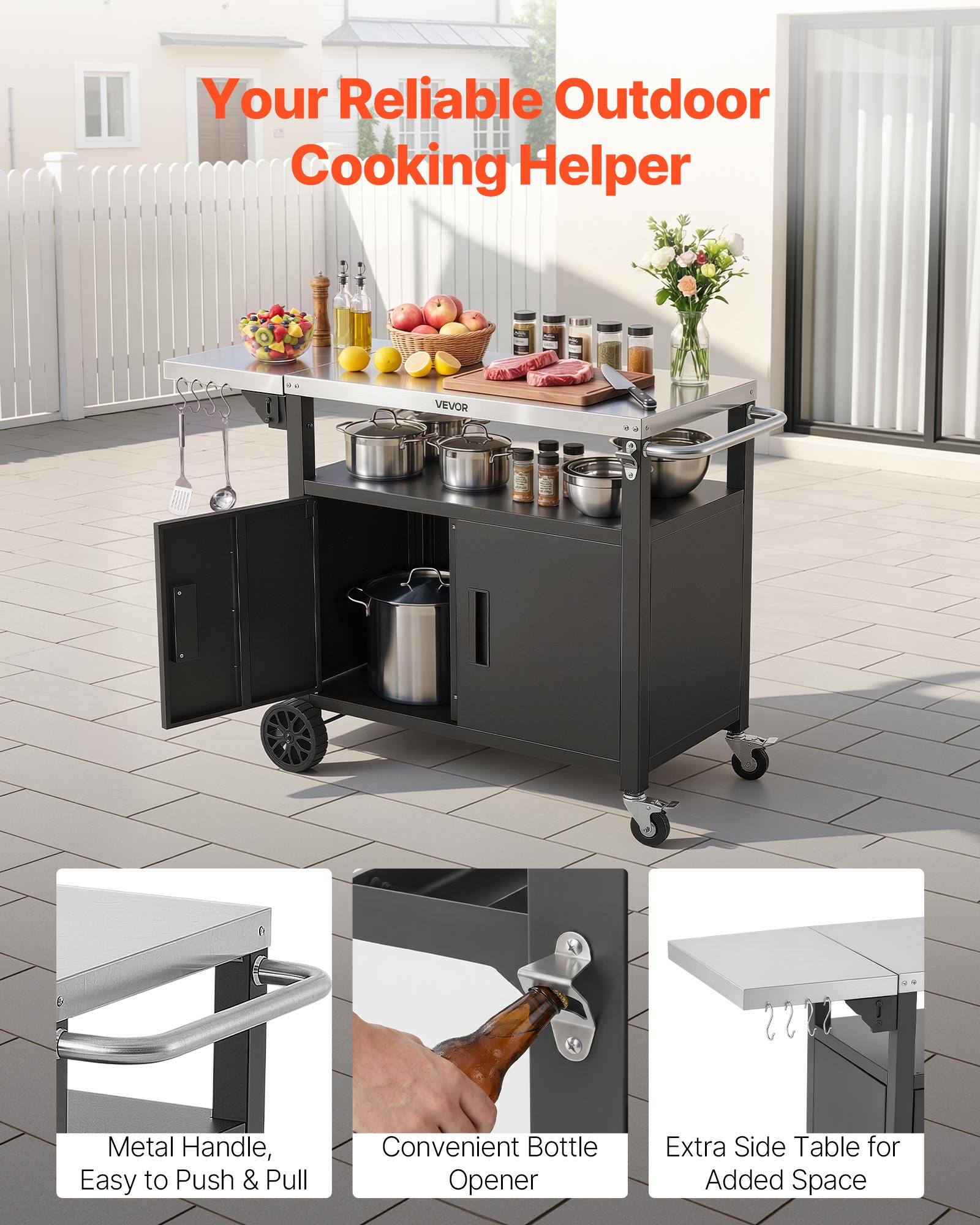 Your Reliable Outdoor Cooking Helper

VEVOR Metal Handle, Easy to Push & Pull Convenient Bottle Opener Extra Side Table for Added Space