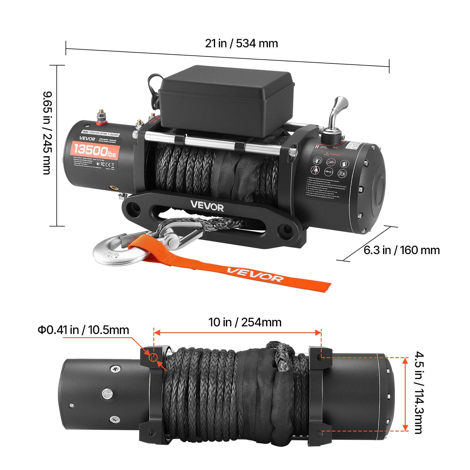 21 in / 534 mm  
9.65 in / 245 mm  
VEVOR 13500 lbs  
VEVOR CPD  
6.3 in / 160 mm  
0.41 in / 10.5 mm  
10 in / 254 mm  
4.5 in / 114.3 mm