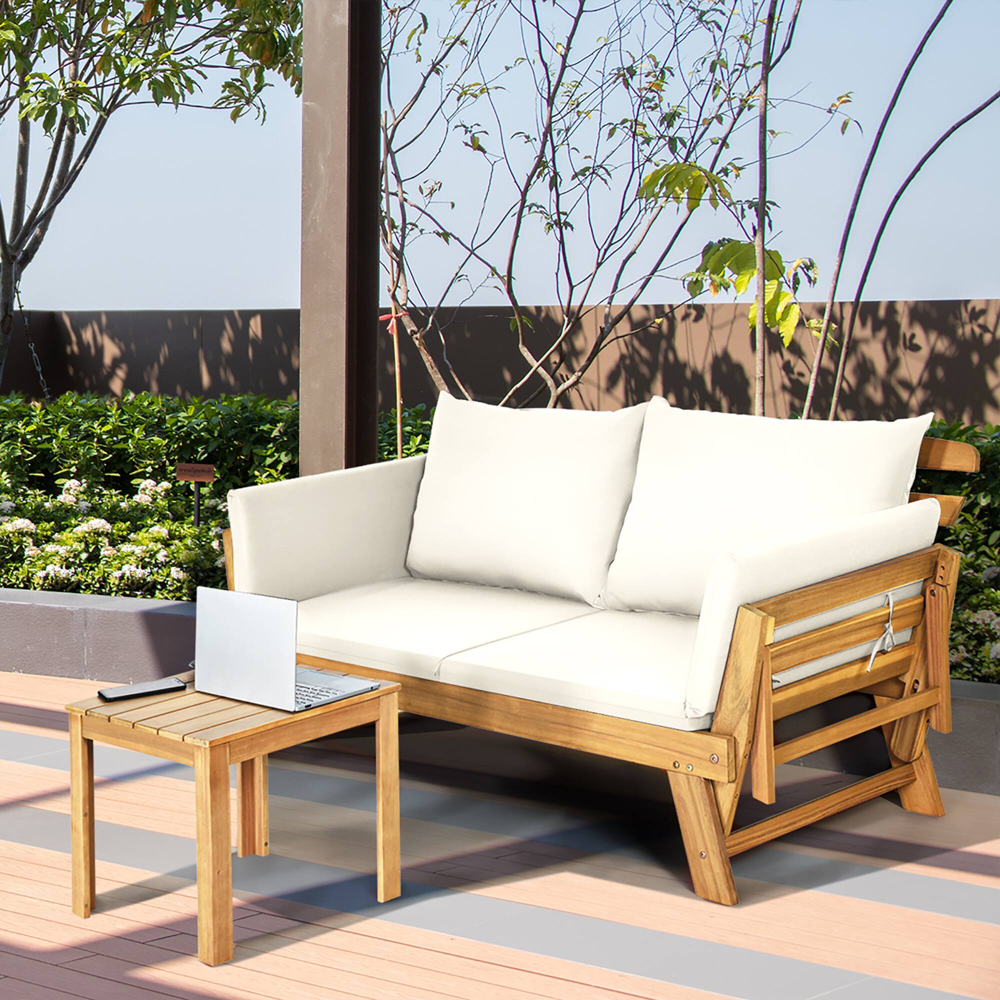 Alt View 4. Costway - Costway Patio Convertible Sofa Daybed Solid Wood Adjustable Furni Thick Cushion - White.