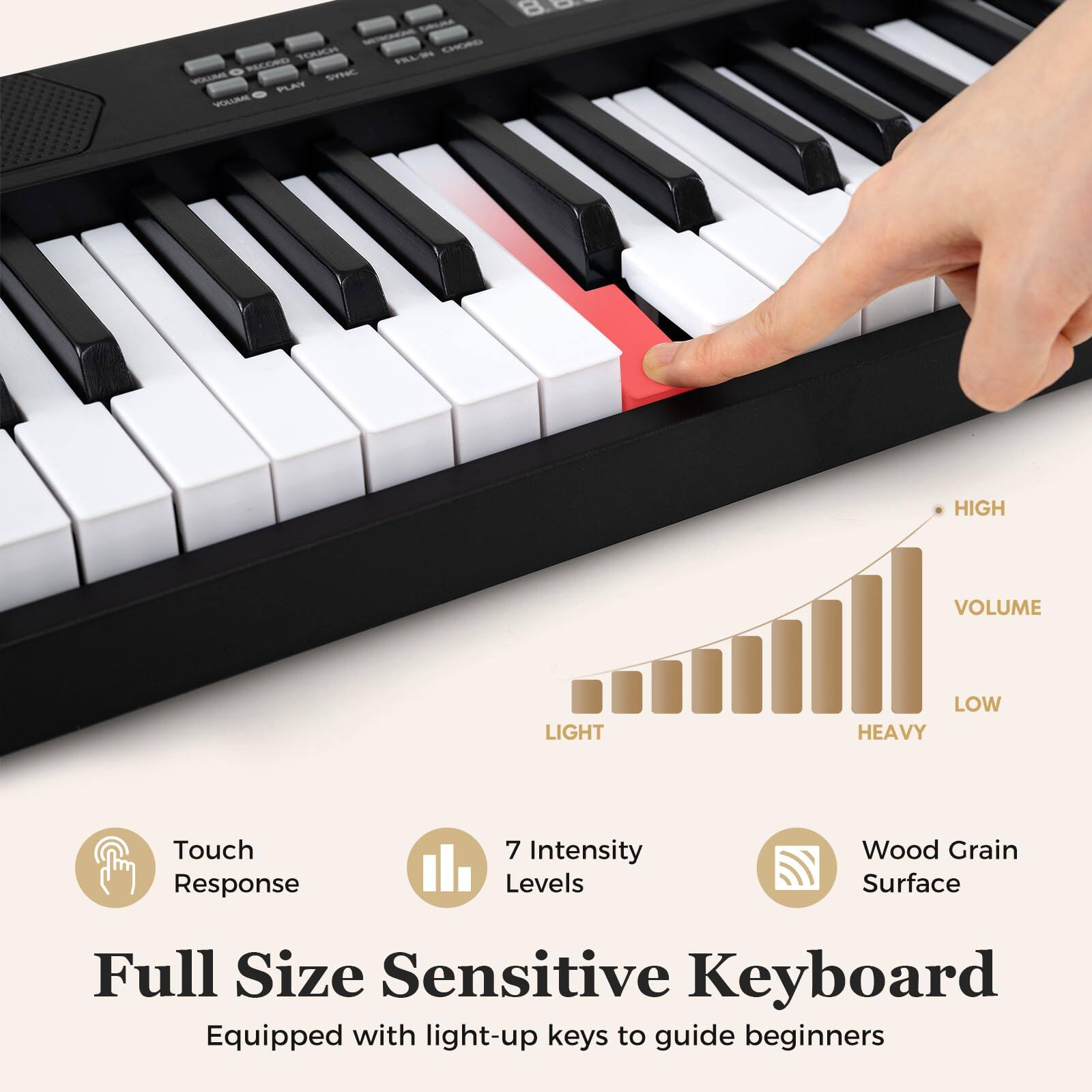 did's VA TOUCH SNC FLA FLB  
HIGH VOLUME LIGHT LOW HEAVY  
Touch Response  
7 Intensity Levels  
Wood Grain Surface  
Full Size Sensitive Keyboard  
Equipped with light-up keys to guide beginners