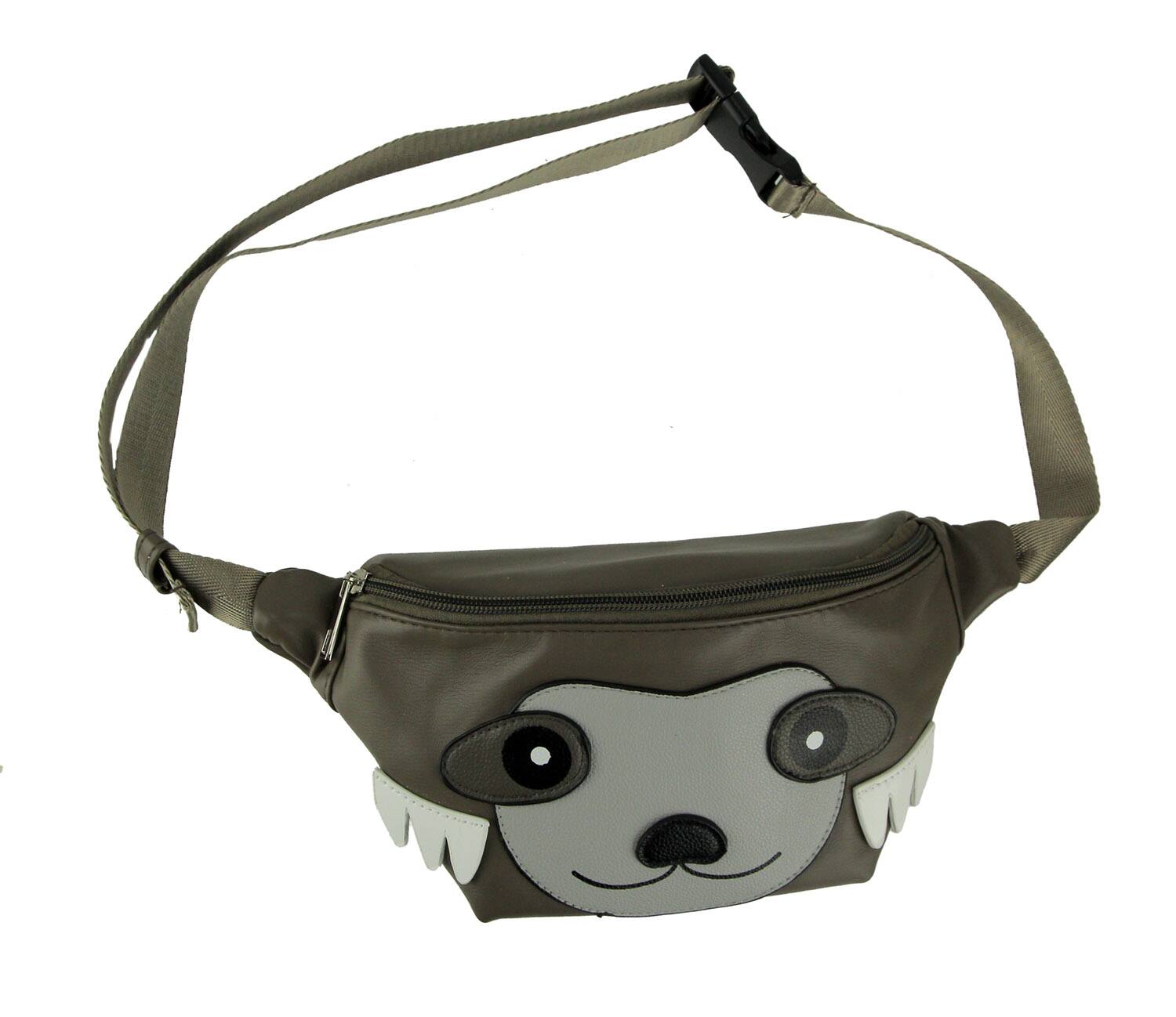 Front. Sleepyville Critters - Grey Vinyl Sloth Face Adjustable Fanny Pack - Gray.