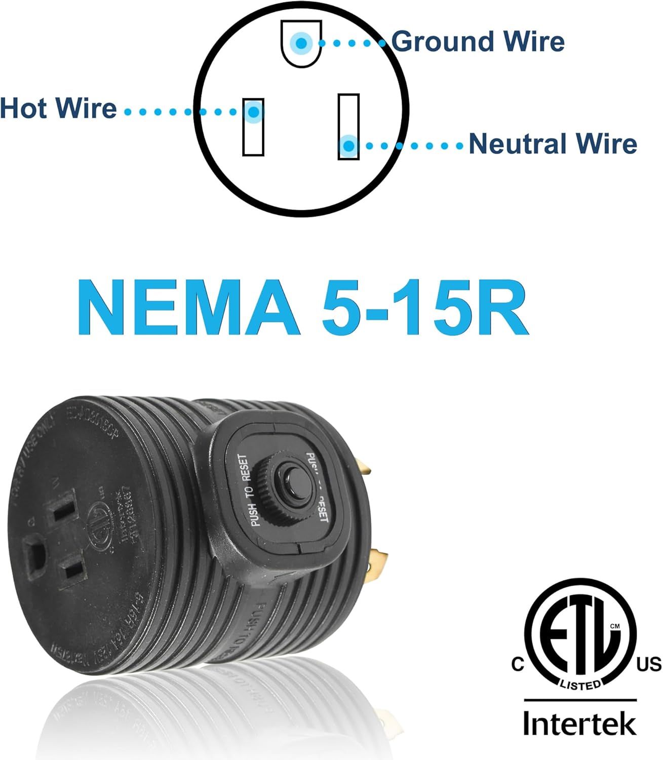 Ground Wire  
Hot Wire  
Neutral Wire  
NEMA 5-15R  

PUSH TO RESET  

ETL US LISTED  
Intertek