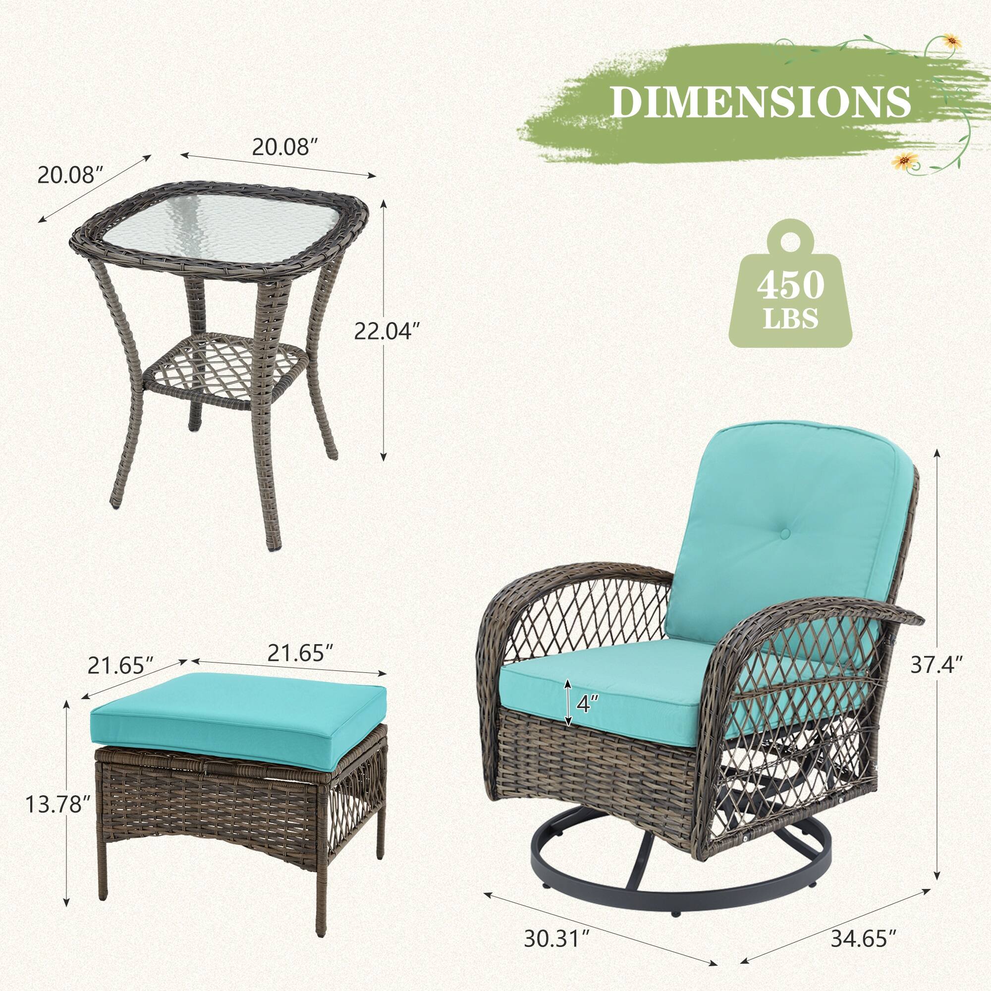 - Table: 20.08" x 20.08" x 22.04"
- Cushion: 21.65" x 21.65" x 13.78"
- Chair: 37.4" x 30.31" x 34.65" (seat height 4")
- Weight Capacity: 450 LBS