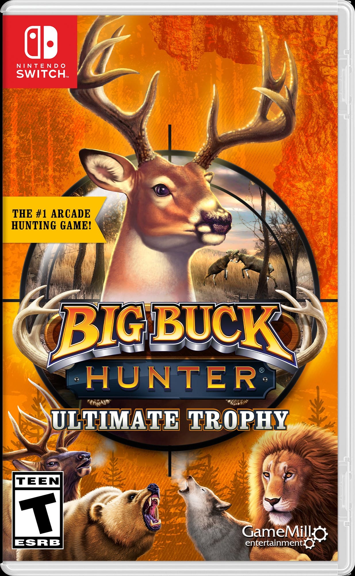 D NINTENDO SWITCH. Tm THE #1 ARCADE HUNTING GAME! BIG BUCK HUNTER ULTIMATE TROPHY TEEN T ESRB GameMill entertainment