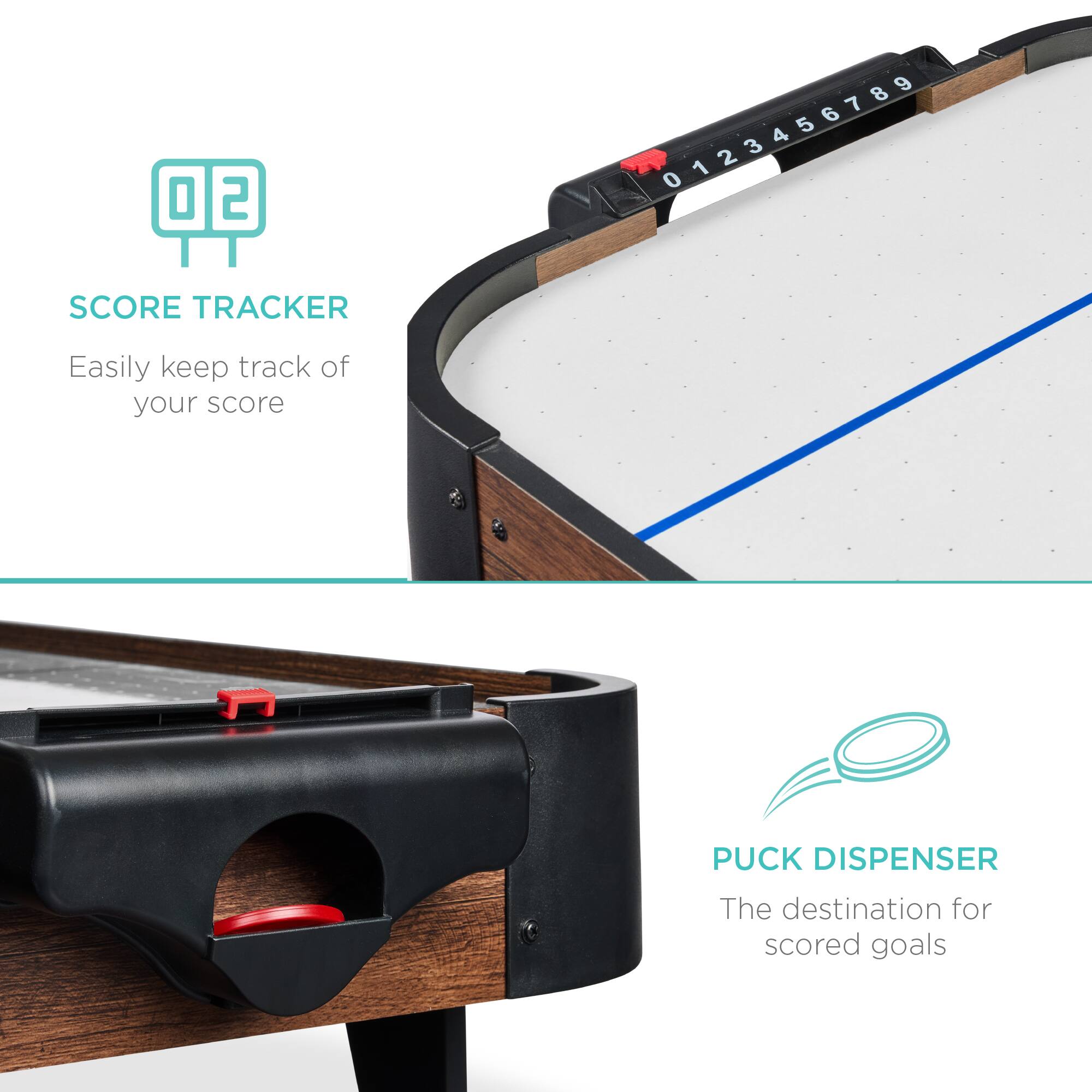 **Score Tracker**
Easily keep track of your score.

**Puck Dispenser**
The destination for scored goals.