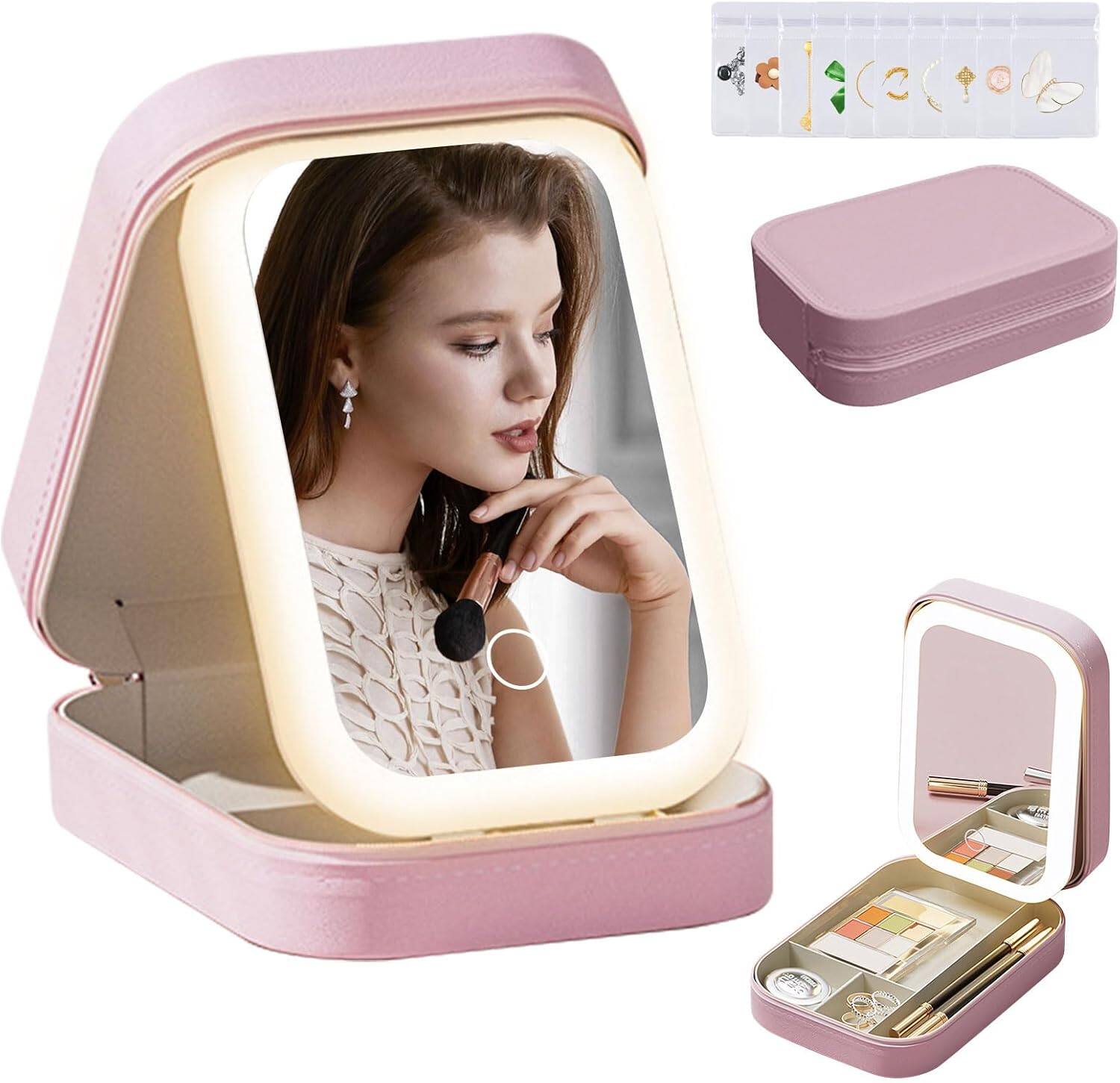 Stamp n Camp - LiveGo 3-Color LED Travel Jewelry Case and Makeup Bag with Mirror, Dust-Proof Jewelry Box, 10 Sealed Jewelry Bags - Pink