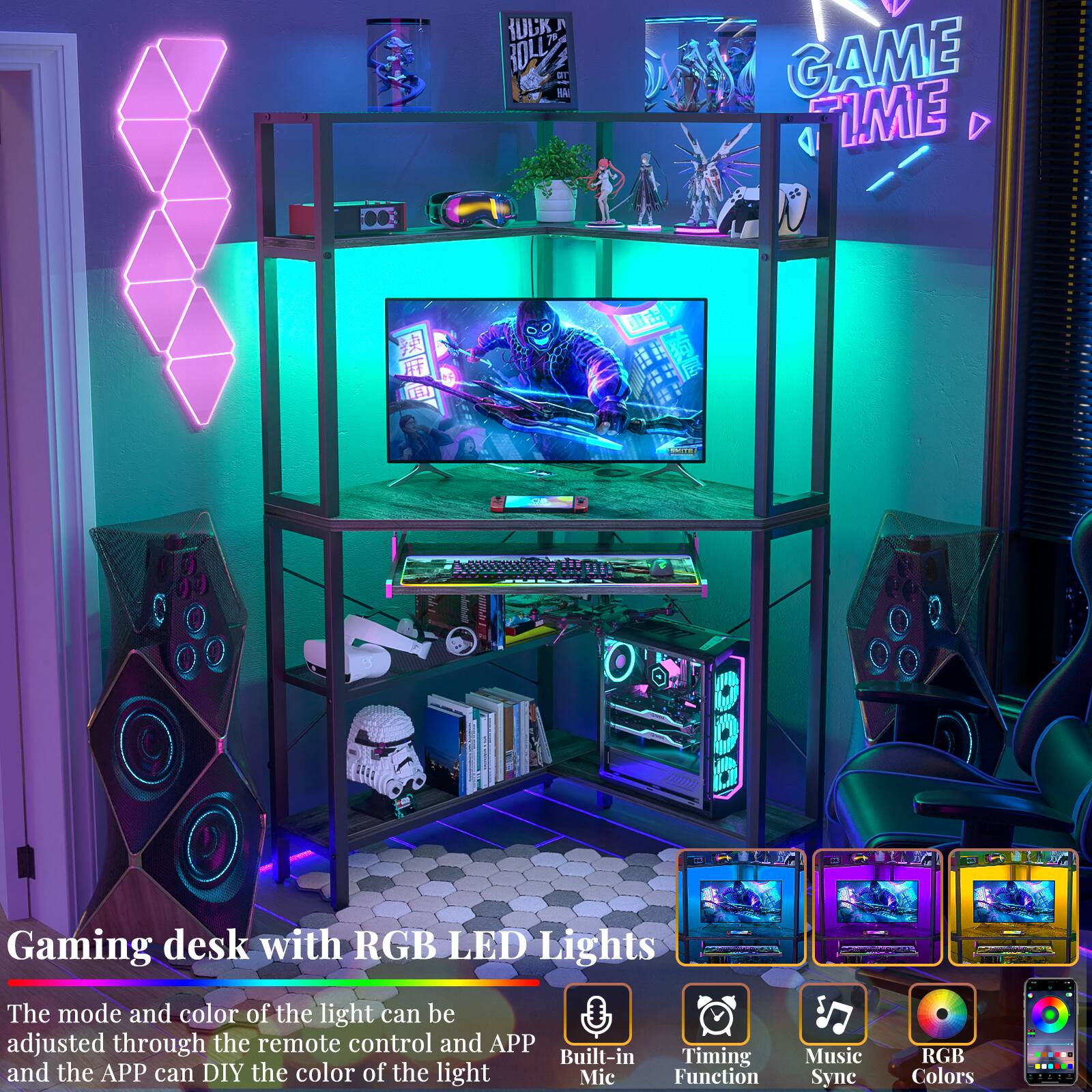 Gaming desk with RGB LED Lights

The mode and color of the light can be adjusted through the remote control and APP and the APP can DIY the color of the light

- Built-in Mic Function
- Timing
- Music Syne
- RGB Colors