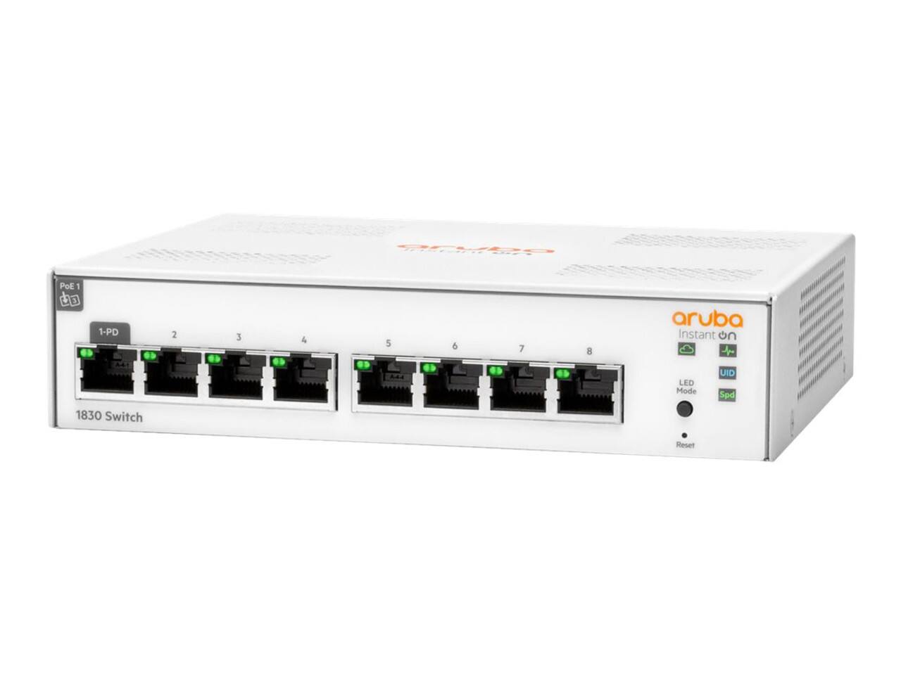 Aruba Instant On  
1830 Switch  

PoE1  
1-PD  

Ports: 1 2 3 4 5 6 7 8  

LED Mode  
UID  
Spd  

Reset