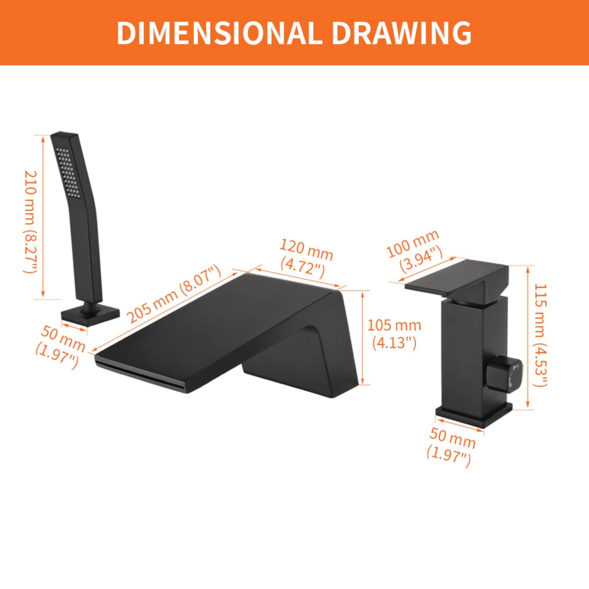 DIMENSIONAL DRAWING

- 210 mm (8.27")
- 205 mm (8.07")
- 120 mm (4.72")
- 100 mm (3.94")
- 105 mm (4.13")
- 115 mm (4.53")
- 50 mm (1.97")