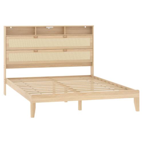 Alt View 4. Winado - Bed Frame with Storage Headboard and Charging Station, Rattan Platform Bed Wood Bed with Shelves, No Box Spring Needed - Natural,Full Size.