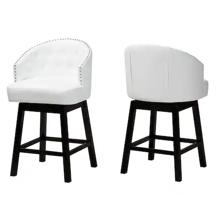 Front. Baxton Studio - Theron Mid-Century Transitional Faux Leather and Espresso Finished Wood 2-Piece Swivel Counter Stool Set - White/Espresso Brown.