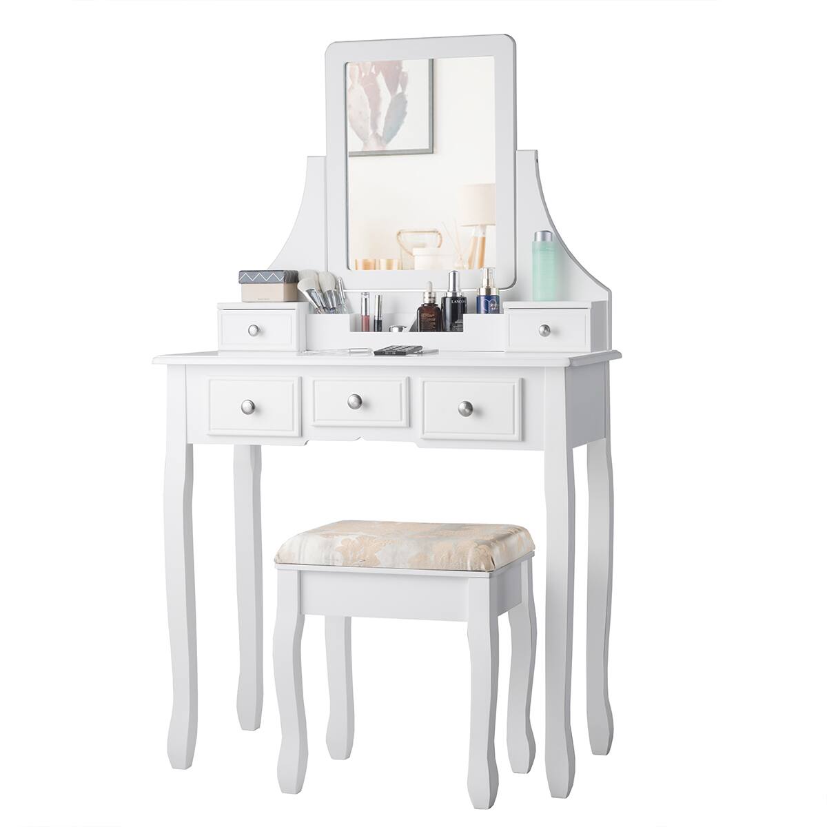 Alt View 7. Gymax - Gymax Vanity Set Makeup Dressing Table & Stool w/5 Drawers White - White.