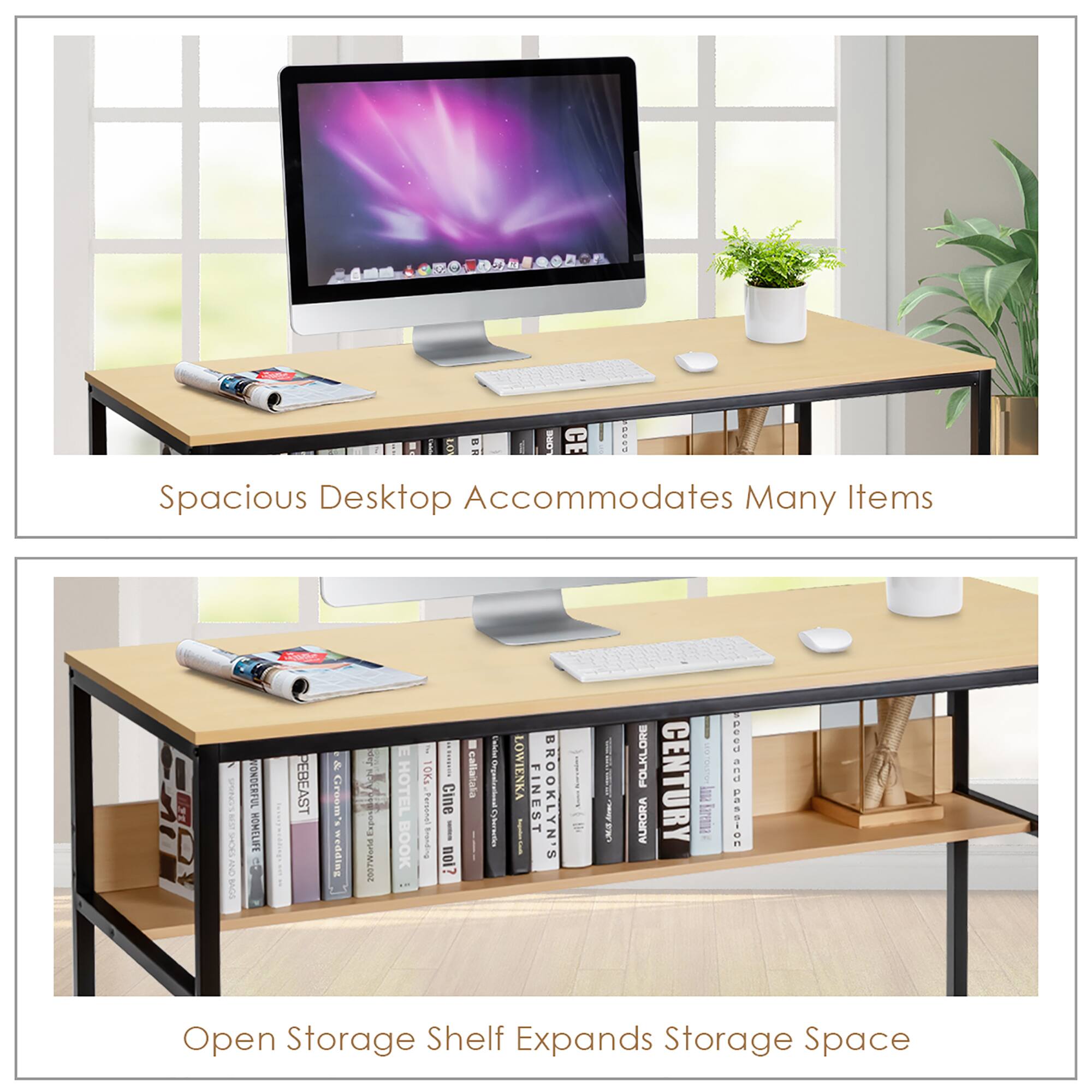 Spacious Desktop Accommodates Many Items
Open Storage Shelf Expands Storage Space