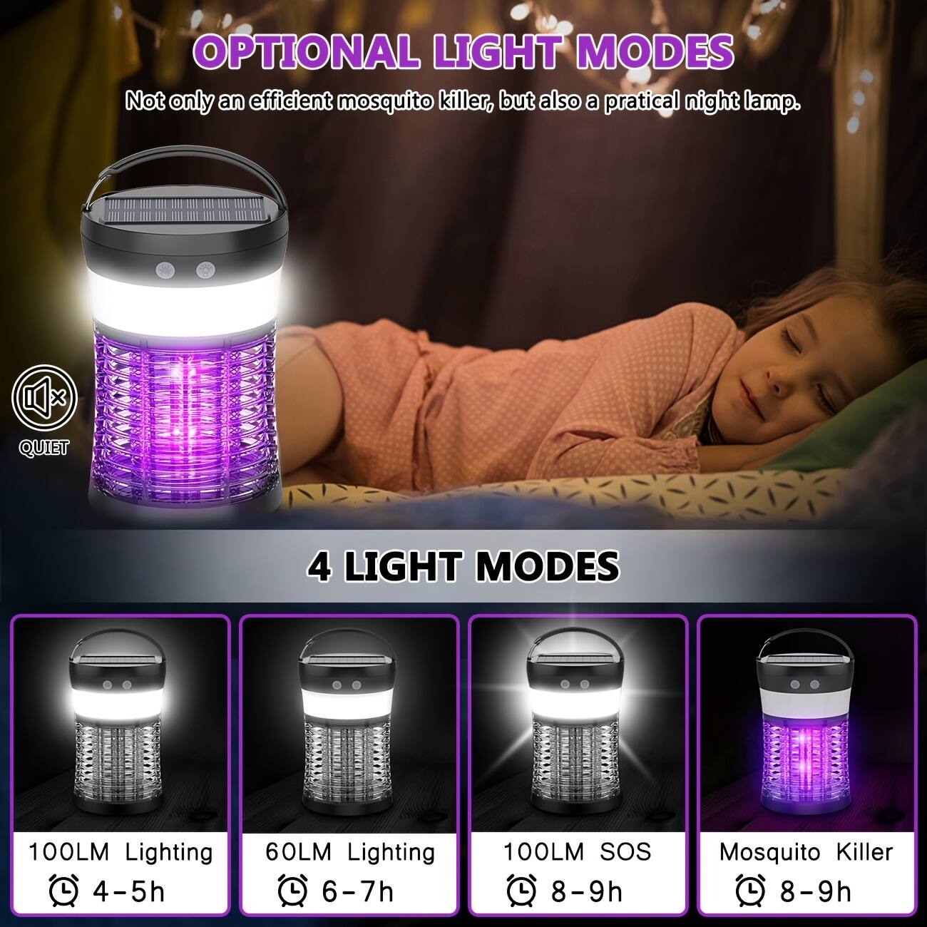 OPTIONAL LIGHT MODES  
Not only an efficient mosquito killer, but also a practical night lamp.  

4 LIGHT MODES  

100LM Lighting  
4-5h  

60LM Lighting  
6-7h  

100LM SOS  
8-9h  

Mosquito Killer  
8-9h