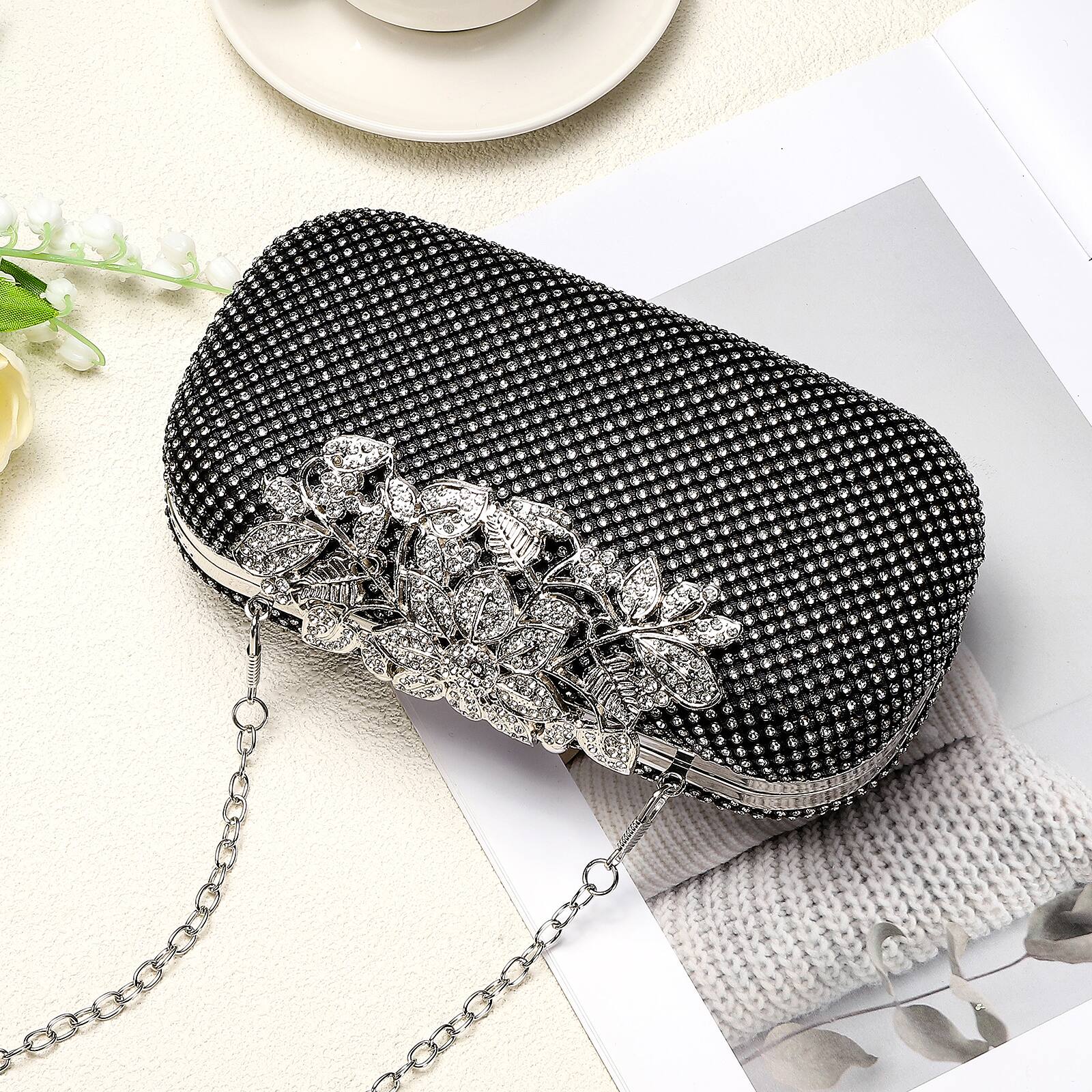 Alt View 5. Unique Bargains - Evening Clutch Purse Sparkly Rhinestone Square Bag for Women, Vintage Crystal Clasp Handbag for 1920s Party - Black.