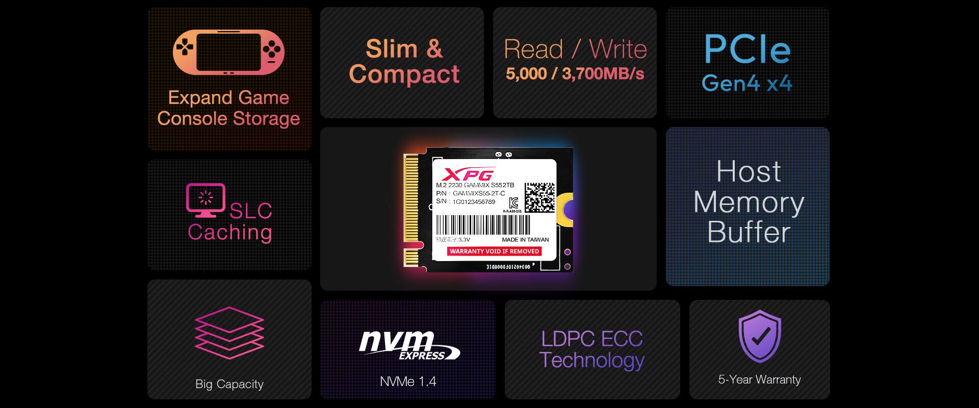 Slim & Compact  
Read / Write 5,000 / 3,700MB/s  
PCle Gen4 x4  
Expand Game Console Storage  
SLC Caching  
Host Memory Buffer  
Big Capacity  
nvm EXPRESS NVMe 1.4  
LDPC ECC Technology  
5-Year Warranty  

XPG  
M.2 2280  
GAMMIX S55  
2TB  
PIN: GAMMIXS55-2T-C  
SN: 100123456789  
MADE IN TAIWAN  
WARRANTY VOID IF REMOVED  
3100000101209000