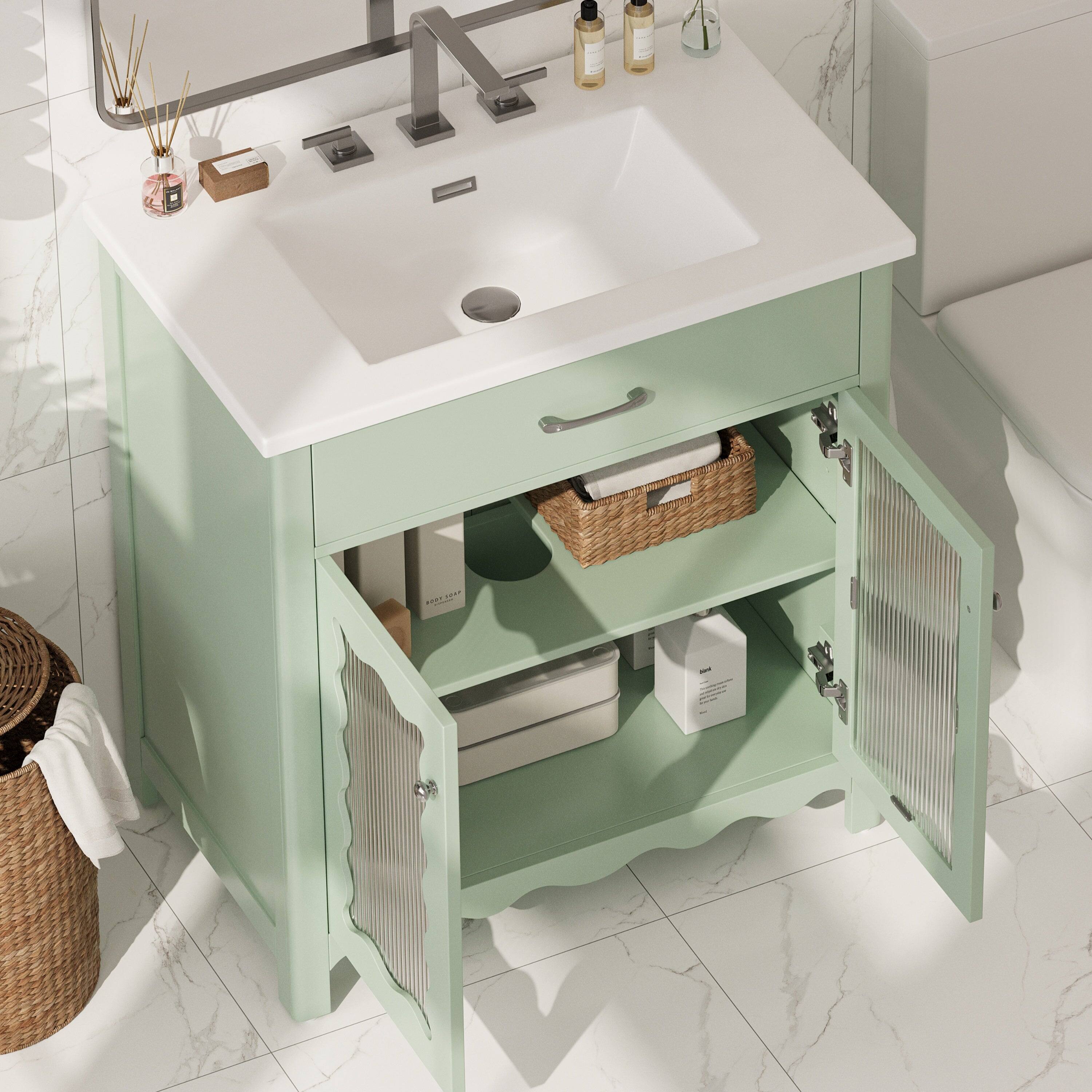 Alt View 6. Boyel Living - 31 Inch Bathroom Vanity with Tempered Glass Modern Cabinet Rubber Wood Legs Soft Close Doors Green - Green.