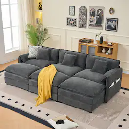 Anysun - Oversized Deep-Seat Sectional Cloud Sofa Sleeper with 3 Ottomans & Pillows - Modular Chenille Couch Bed for Living Room - Gray