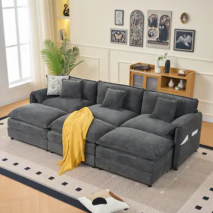 Front. Anysun - Oversized Deep-Seat Sectional Cloud Sofa Sleeper with 3 Ottomans & Pillows - Modular Chenille Couch Bed for Living Room - Gray.