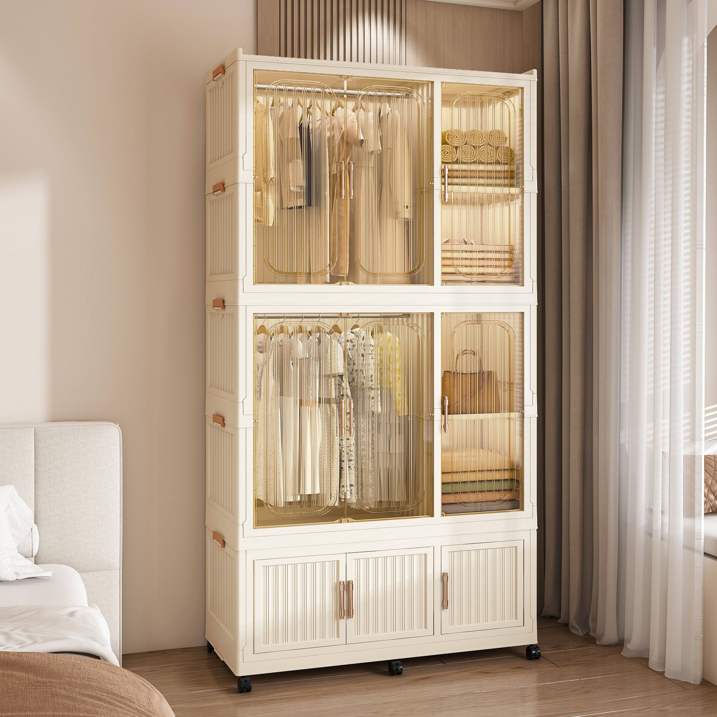 Alt View 3. Boyel Living - Portable Storage Wardrobe 9 Magnetic Doors 2 Hanging Rods Cream White - Cream White.
