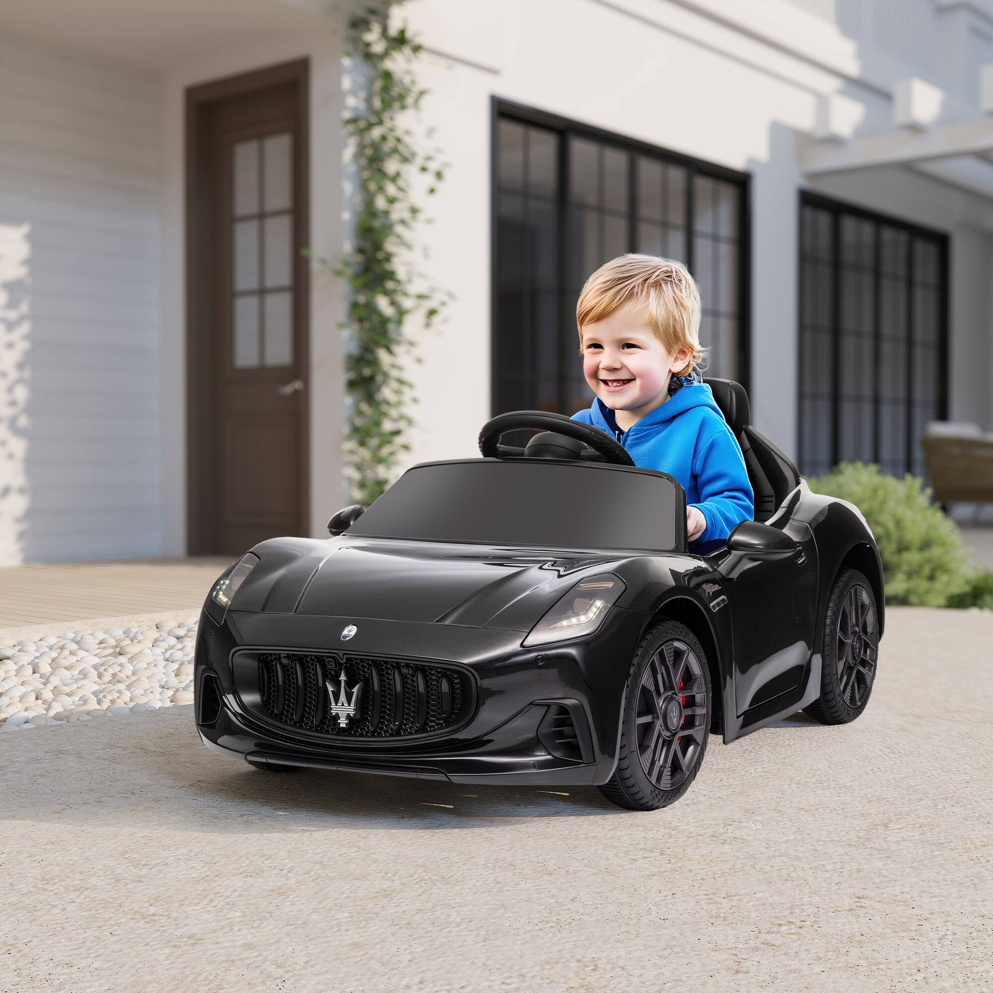 Angle. Qaba - 12V Kids Electric Car, Maserati Gran Turismo Licensed Ride on Car with Remote, Aux Wheel, LED Lights, Music, 3 Speeds.