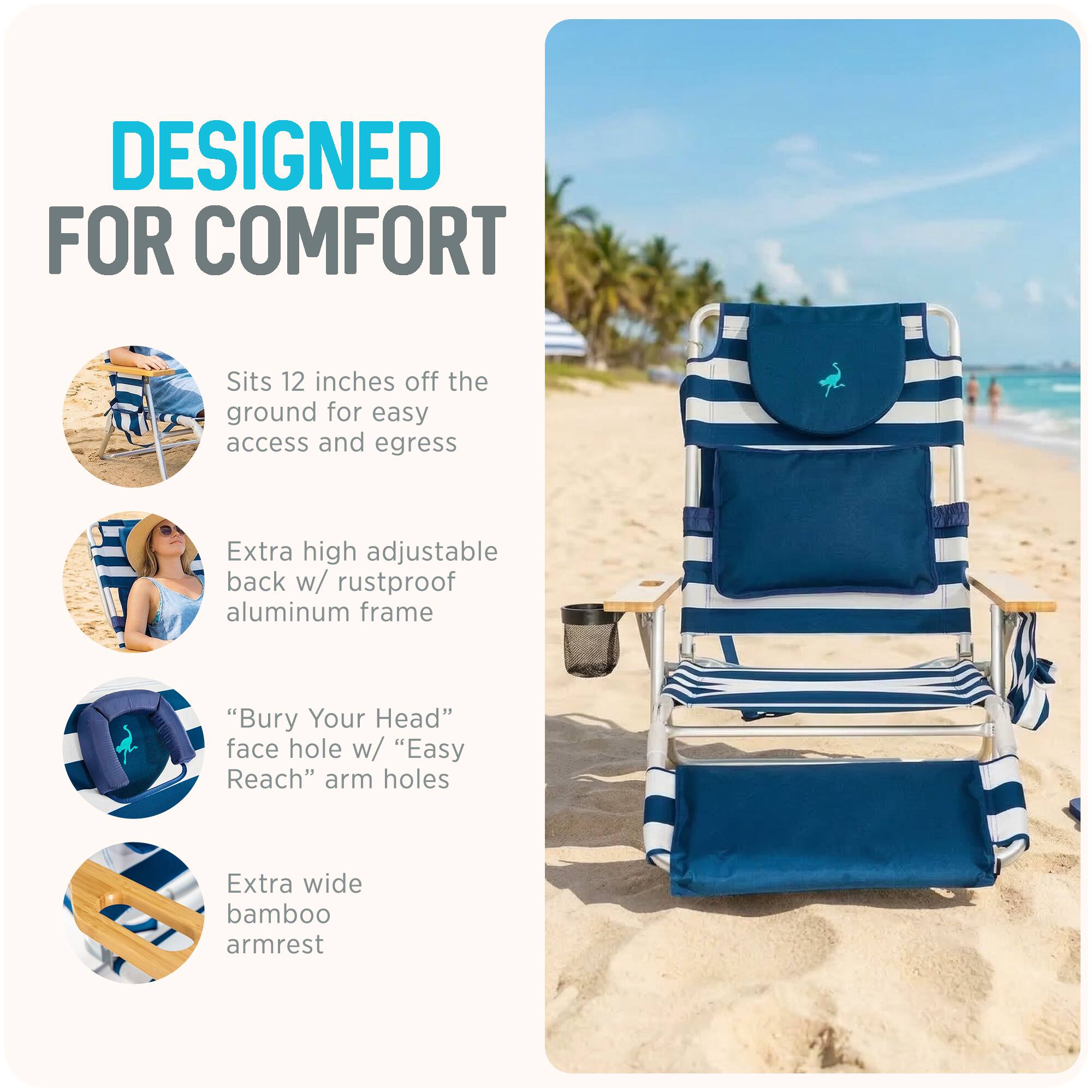 DESIGNED FOR COMFORT

- Sits 12 inches off the ground for easy access and egress
- Extra high adjustable back w/ rustproof aluminum frame
- "Bury Your Head" face hole w/ "Easy Reach" arm holes
- Extra wide bamboo armrest