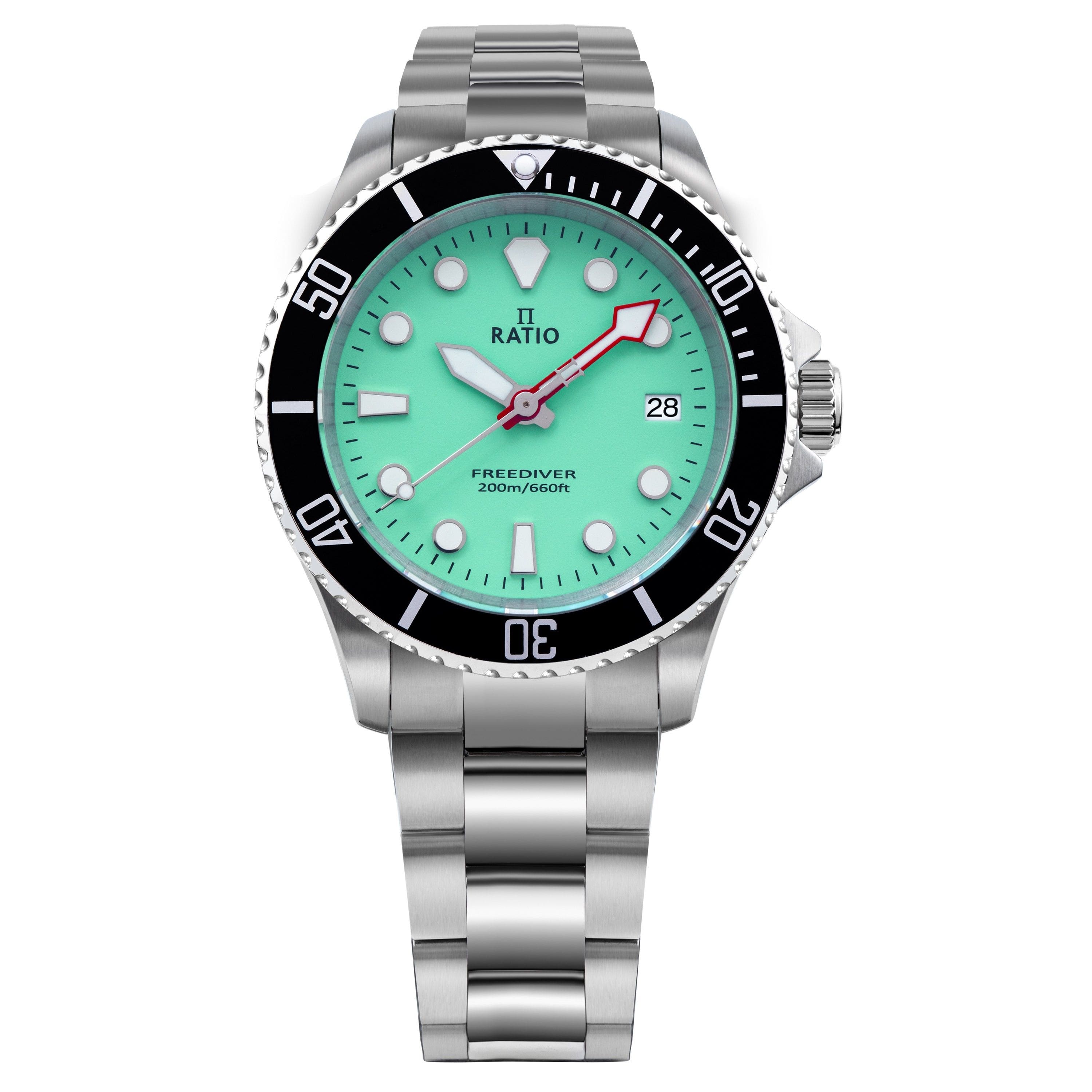 RATIO - FreeDiver Sapphire Stainless Steel Green Dial Quartz RTF039 200M Mens Watch - Silver price history on PriceWatchPro