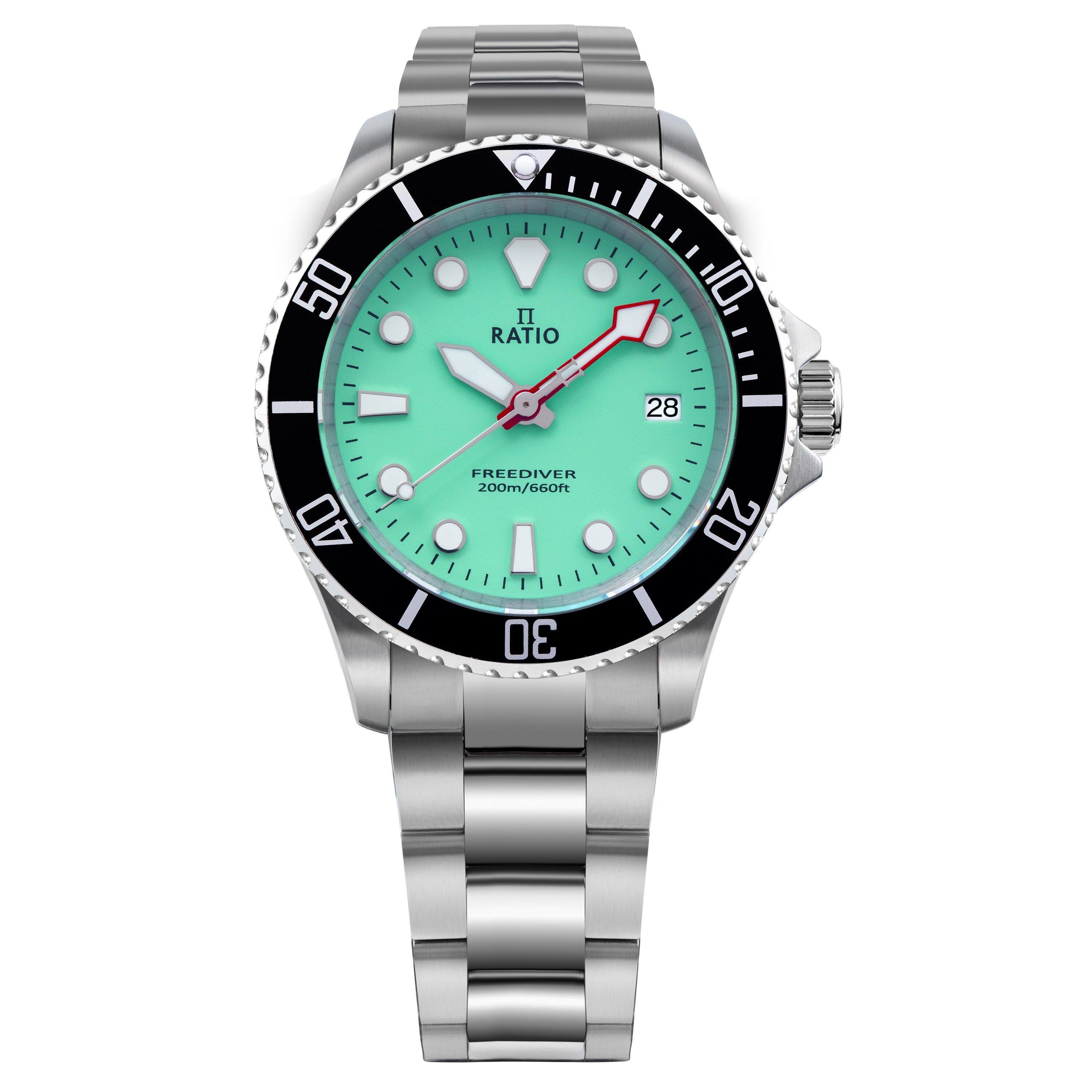 RATIO - FreeDiver Sapphire Stainless Steel Green Dial Quartz RTF039 200M Mens Watch - Silver
