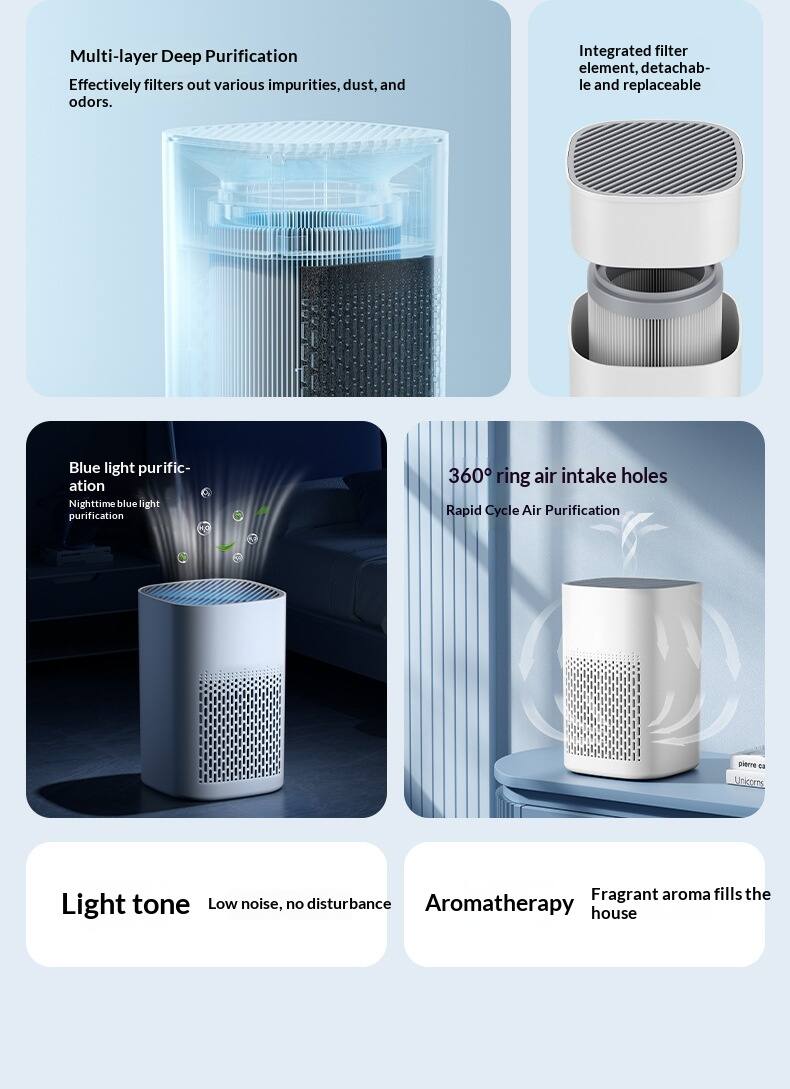 Multi-layer Deep Purification  
Effectively filters out various impurities, dust, and odors.

Integrated filter element, detachable and replaceable

Blue light purification  
Nighttime blue light purification

360° ring air intake holes  
Rapid Cycle Air Purification

Light tone  
Low noise, no disturbance

Aromatherapy  
Fragrant aroma fills the house