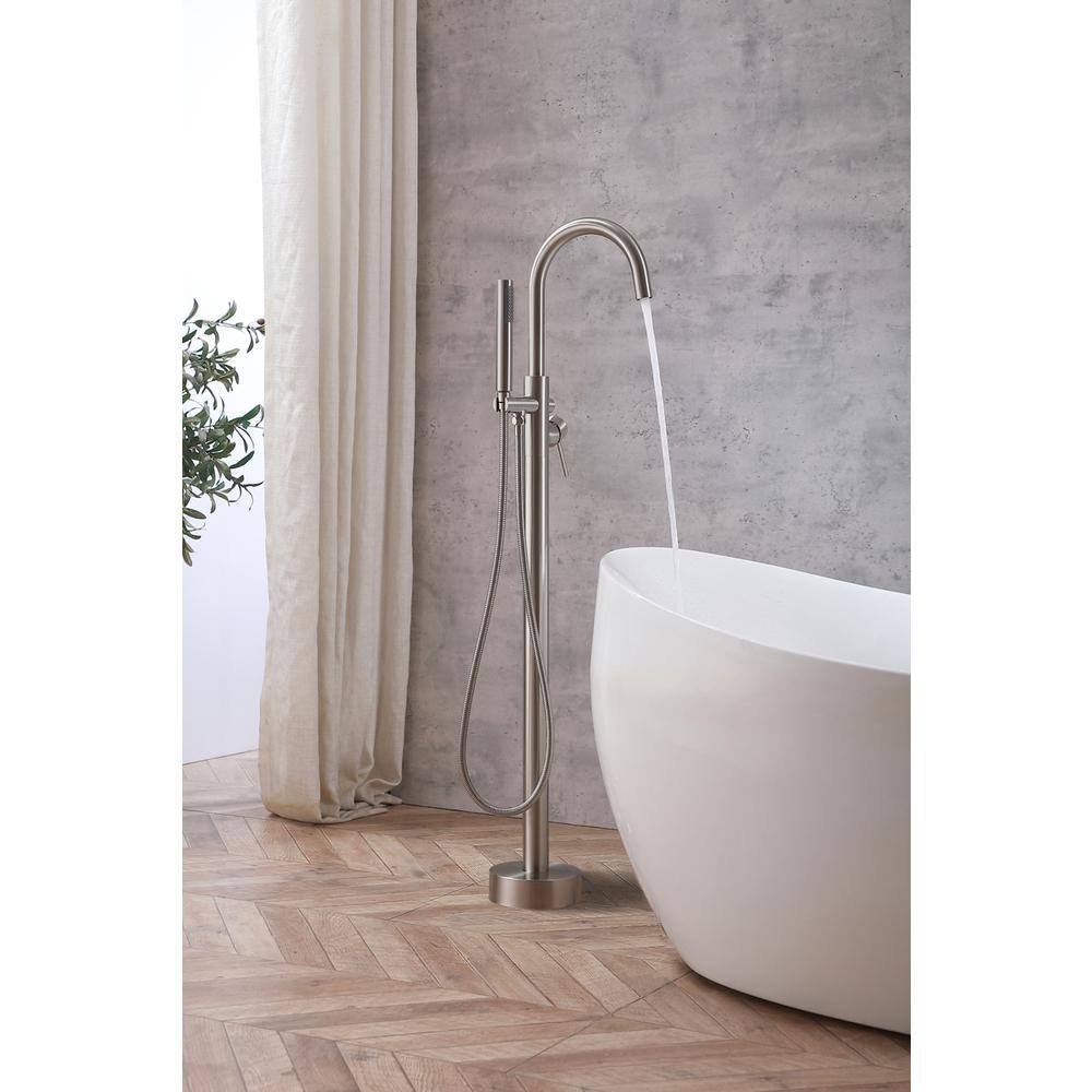 Alt View 9. Elegant Kitchen and Bath - Steven Floor Mounted Roman Tub Faucet with Handshower in Brushed Nickel - Brushed Nickel.