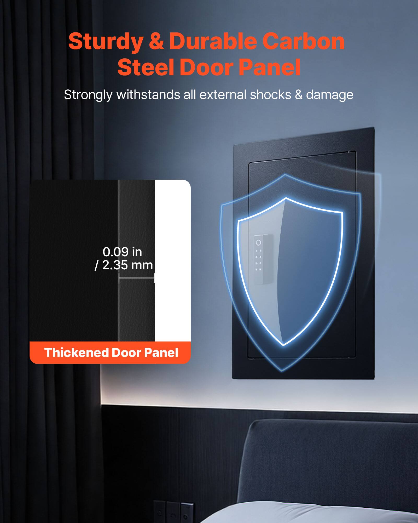Sturdy & Durable Carbon Steel Door Panel  
Strongly withstands all external shocks & damage  

0.09 in / 2.35 mm - Thickened Door Panel