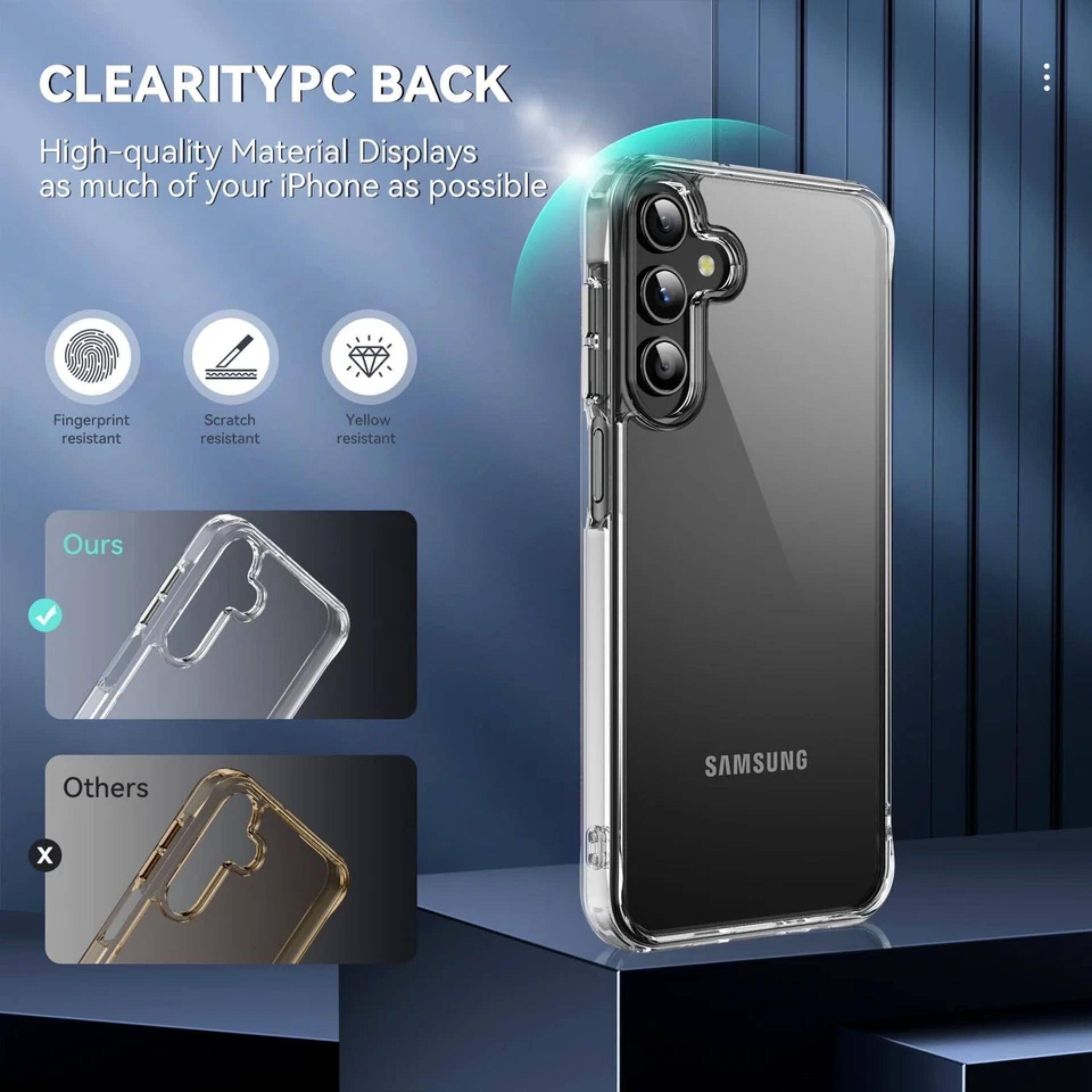 CLEARITYPC BACK  
High-quality Material Displays as much of your iPhone as possible  
Fingerprint resistant  
Scratch resistant  
Yellow resistant  
Ours  
Others  
SAMSUNG