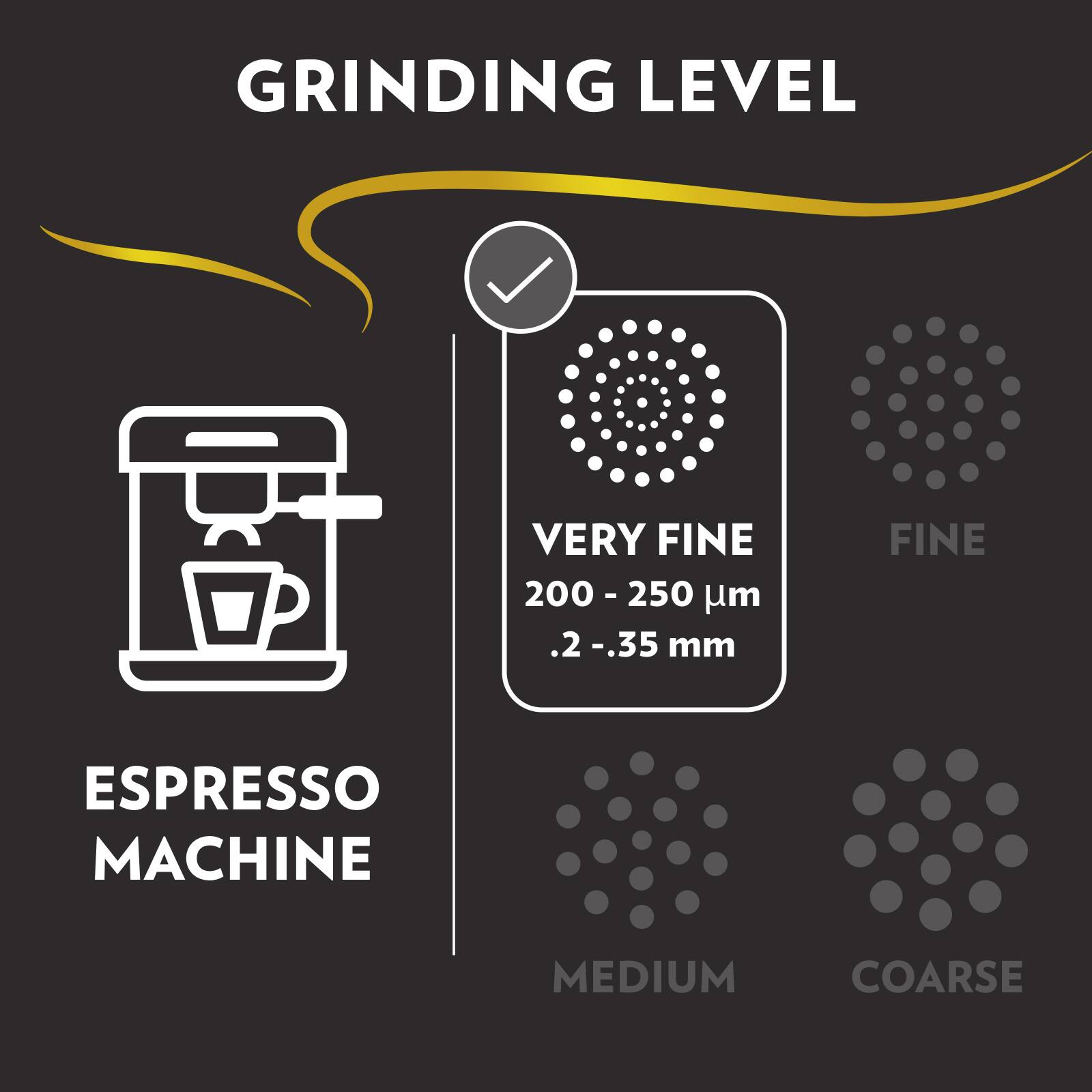 GRINDING LEVEL VERY FINE 200-250 µm .2 - .35 mm FINE ESPRESSO MACHINE MEDIUM COARSE
