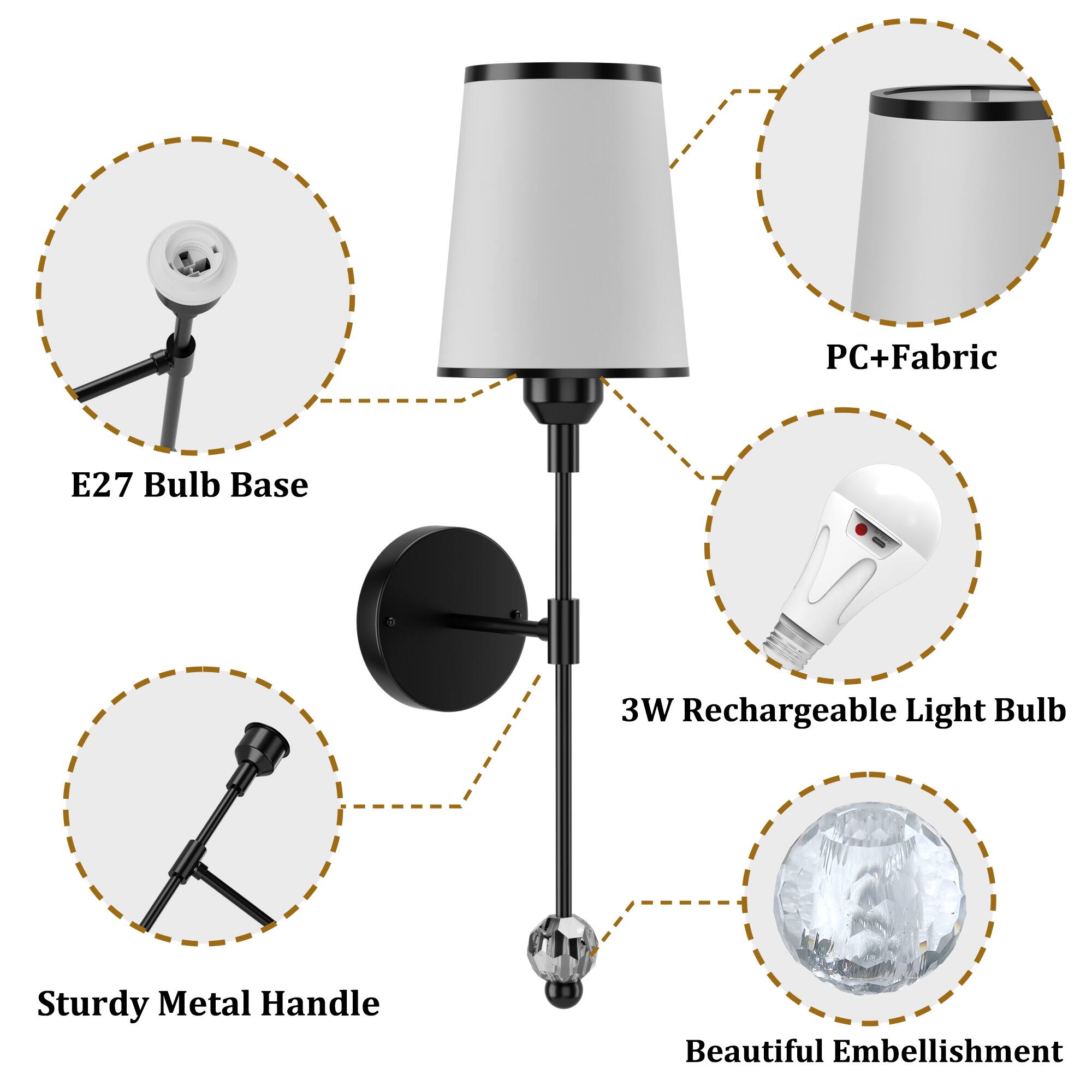 PC+Fabric E27 Bulb Base 3W Rechargeable Light Bulb Sturdy Metal Handle Beautiful Embellishment