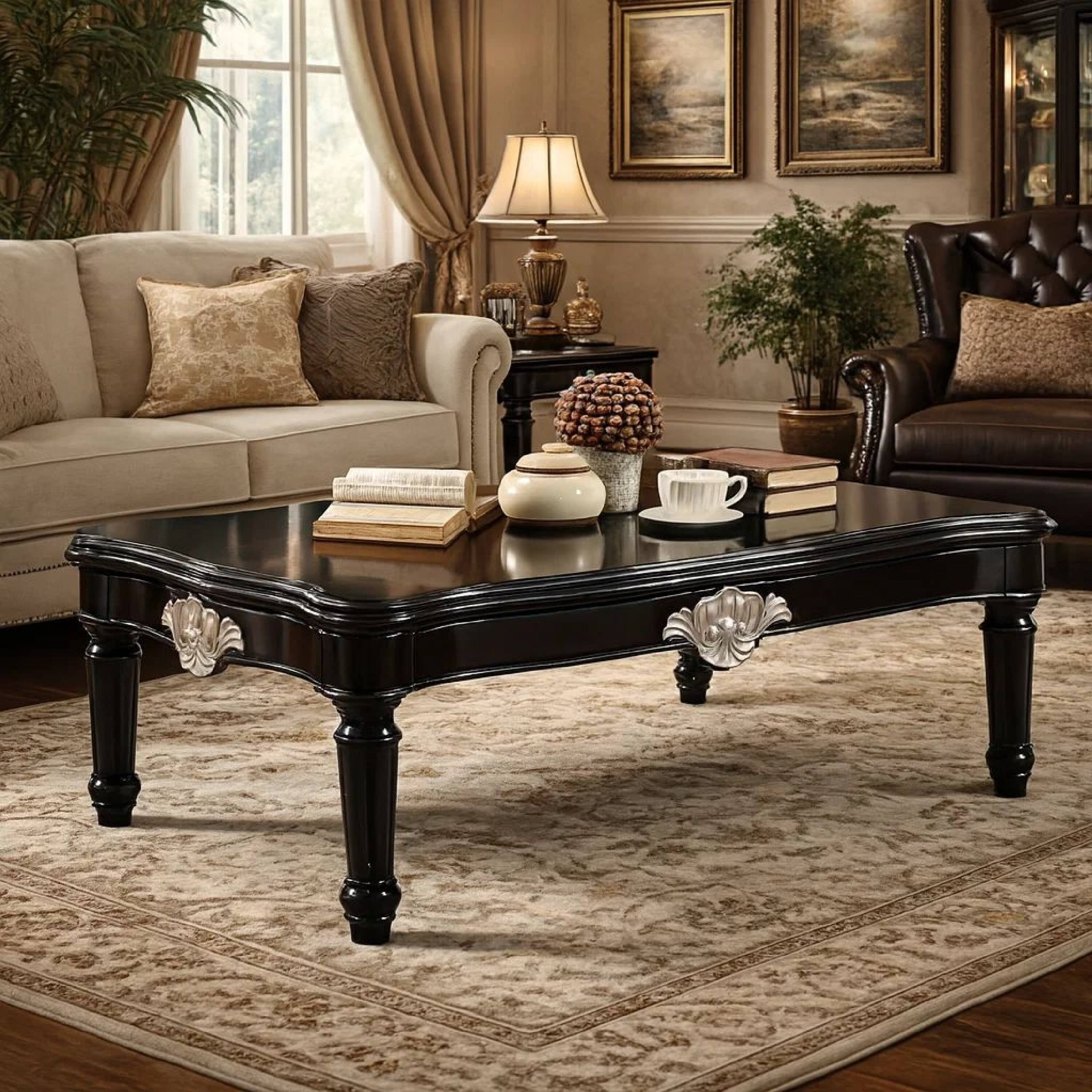 Alt View 5. Manhattan Lane - Traditional Rectangular Wooden Coffee Table with Scalloped Top - Black.