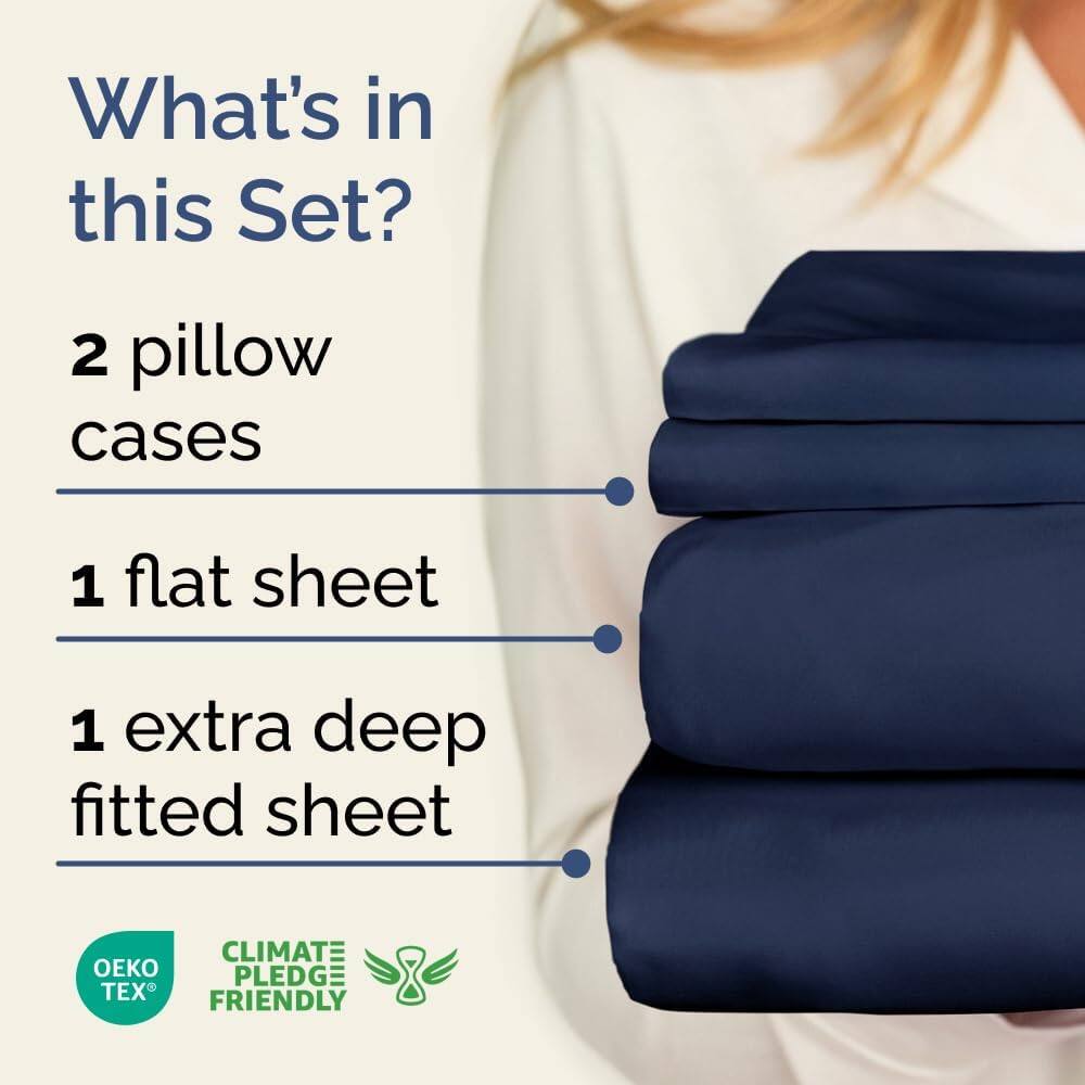 What's in this Set?

- 2 pillow cases
- 1 flat sheet
- 1 extra deep fitted sheet

CLIMATE PLEDGE FRIENDLY

OEKO TEX