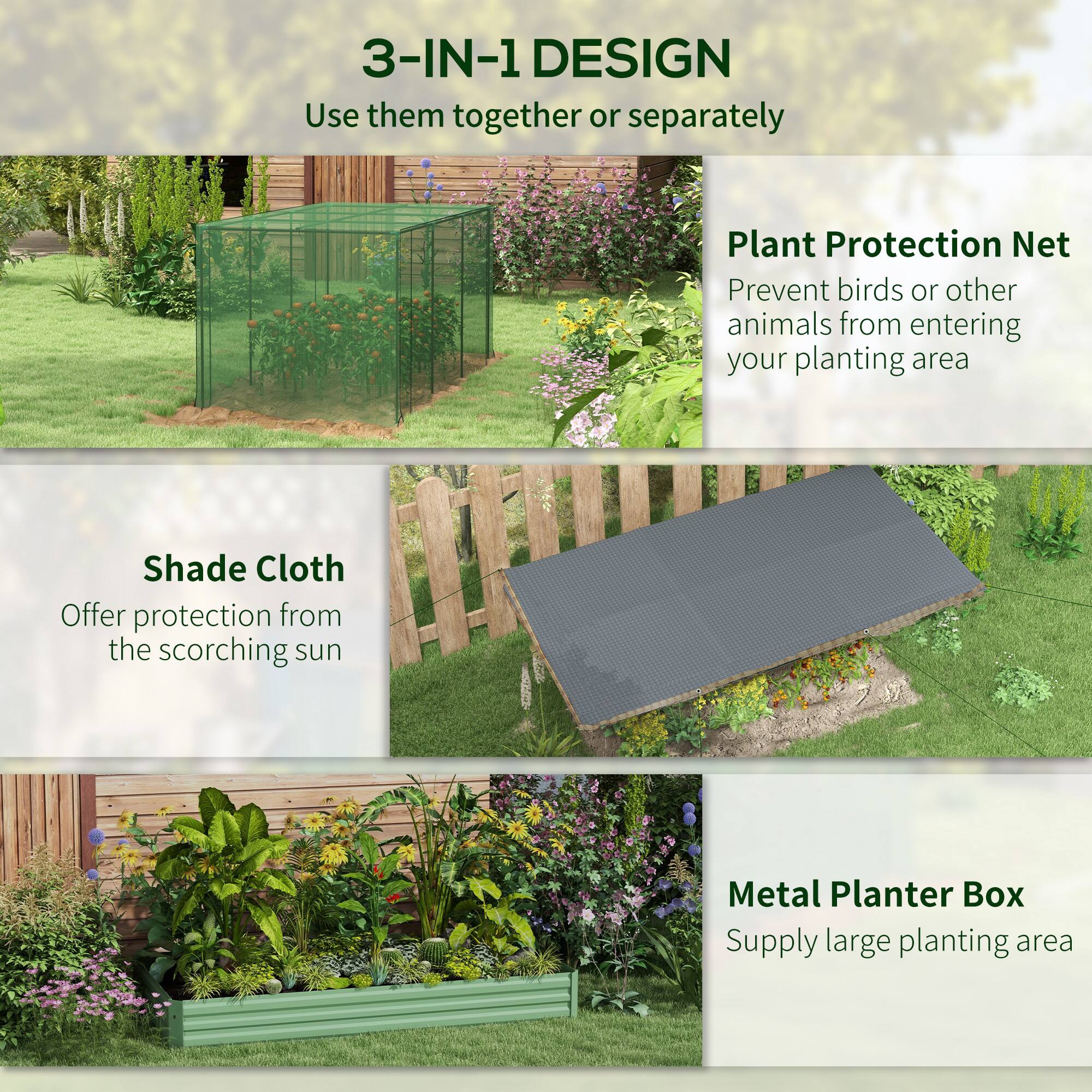 3-IN-1 DESIGN

Plant Protection Net
Shade Cloth
Metal Planter Box