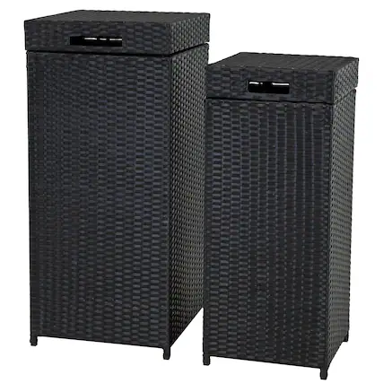 Front. Sunnydaze - Wicker Outdoor Trash Cans - Set of 2 - 26 Gal. and 15 Gal. - Black.