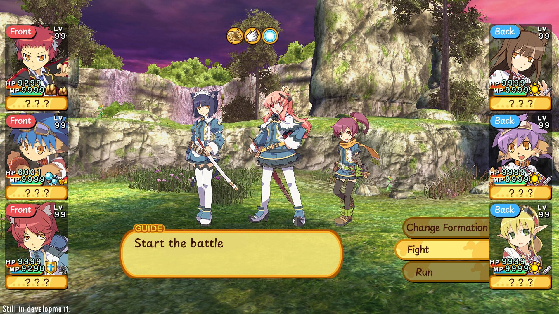 The text on the image can be grouped and corrected as follows:

1. Front LV 9'9 Back LV 99 HP 9299 MP 9999 ?.?.? ? ? ?
2. Front LV 99 Back LV 99 HP 6001 1 MP 9999 ?.?.? ? ? ?
3. Front LV 99 HP 9999 9 MP 9298 ?.?.? ? ? ?
4. GUIDE Start the battle Back LV 99 Change Formation Fight HP 9999 Run MP 9999 ? ?.?.? ? ?
5. Still in development.
