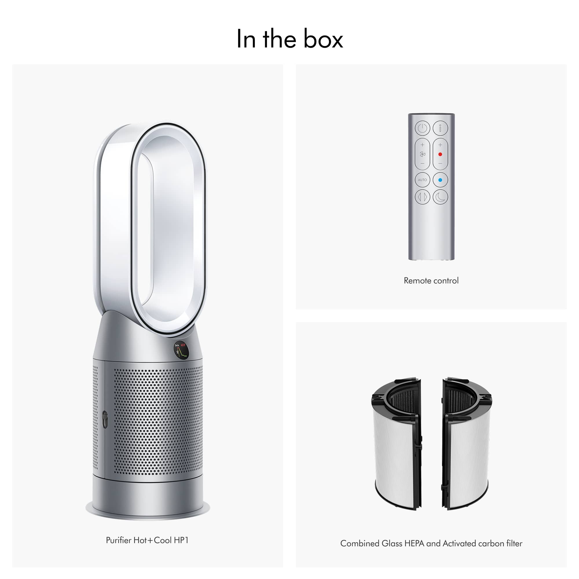 In the box, there is an AuTu Remote Control, a Purifier Hot+Cool HP1, and a Combined Glass HEPA and Activated Carbon filter.