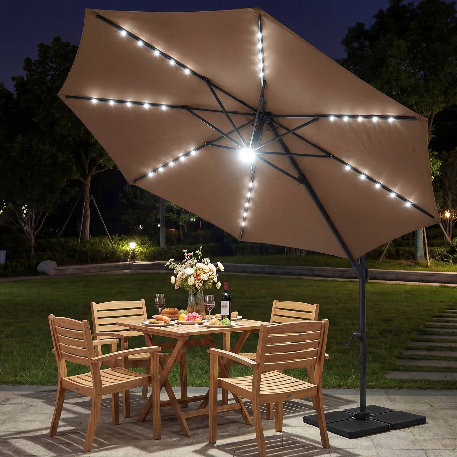 Alt View 3. Costway - Costway 10 FT Cantilever Patio Umbrella with Solar LED Lights, 360° Rotation, Easy Tilt - Brown.