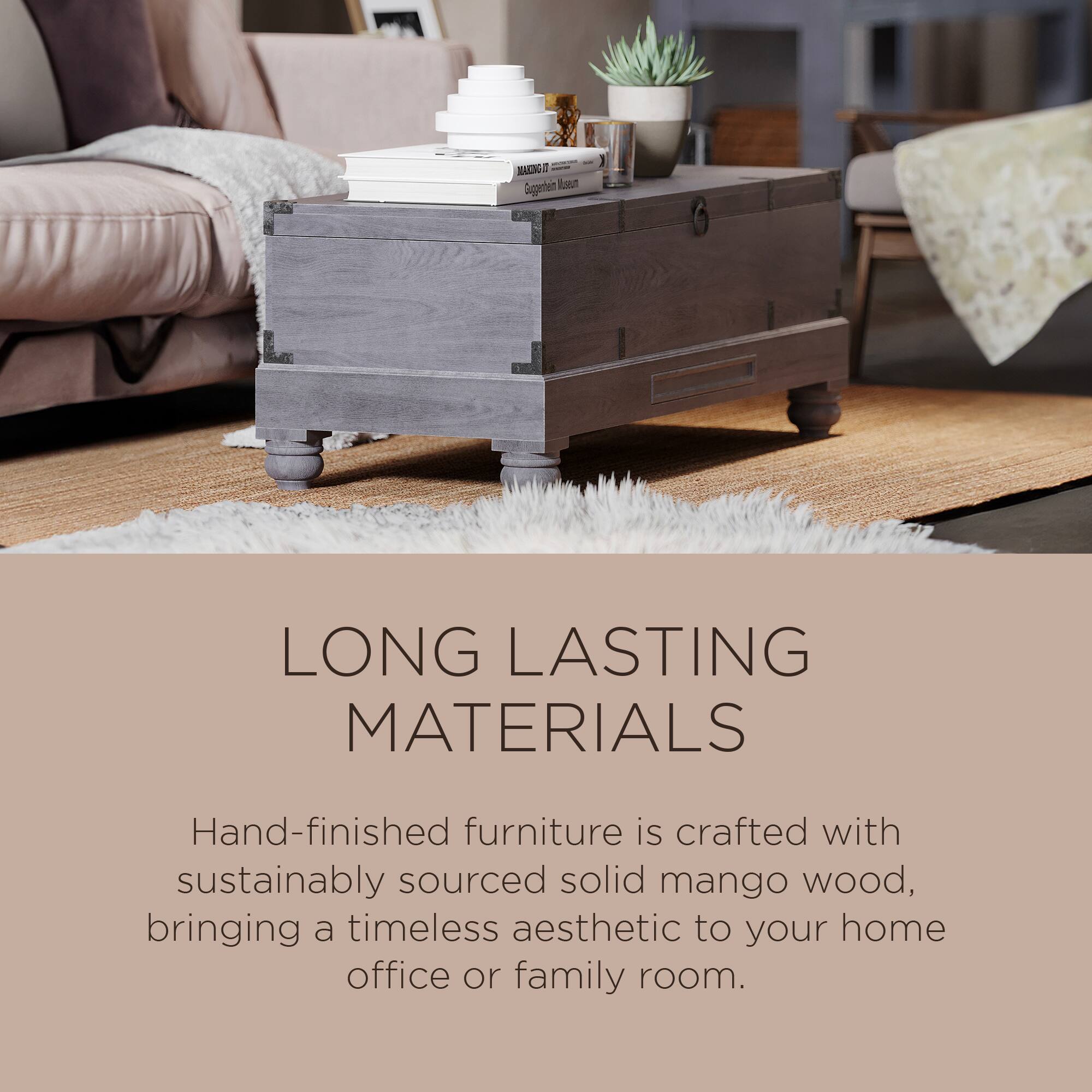 LONG LASTING MATERIALS

Hand-finished furniture is crafted with sustainably sourced solid mango wood, bringing a timeless aesthetic to your home office or family room.