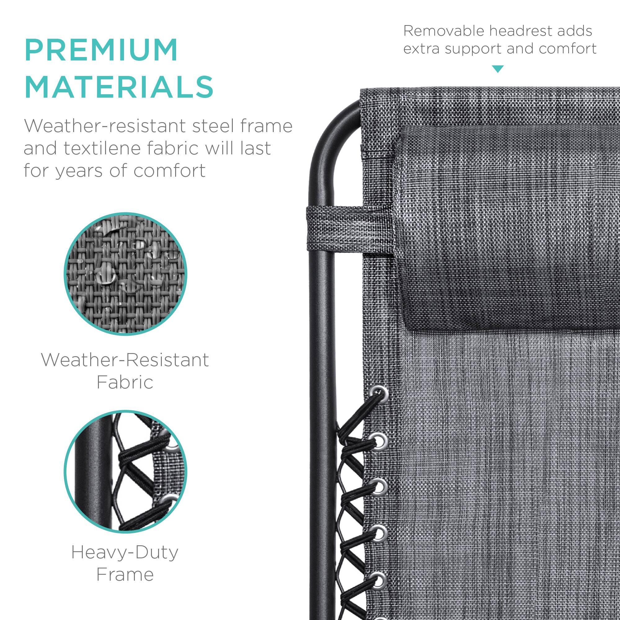 **PREMIUM MATERIALS**

Weather-resistant steel frame and textilene fabric will last for years of comfort

- Weather-Resistant Fabric
- Heavy-Duty Frame

Removable headrest adds extra support and comfort