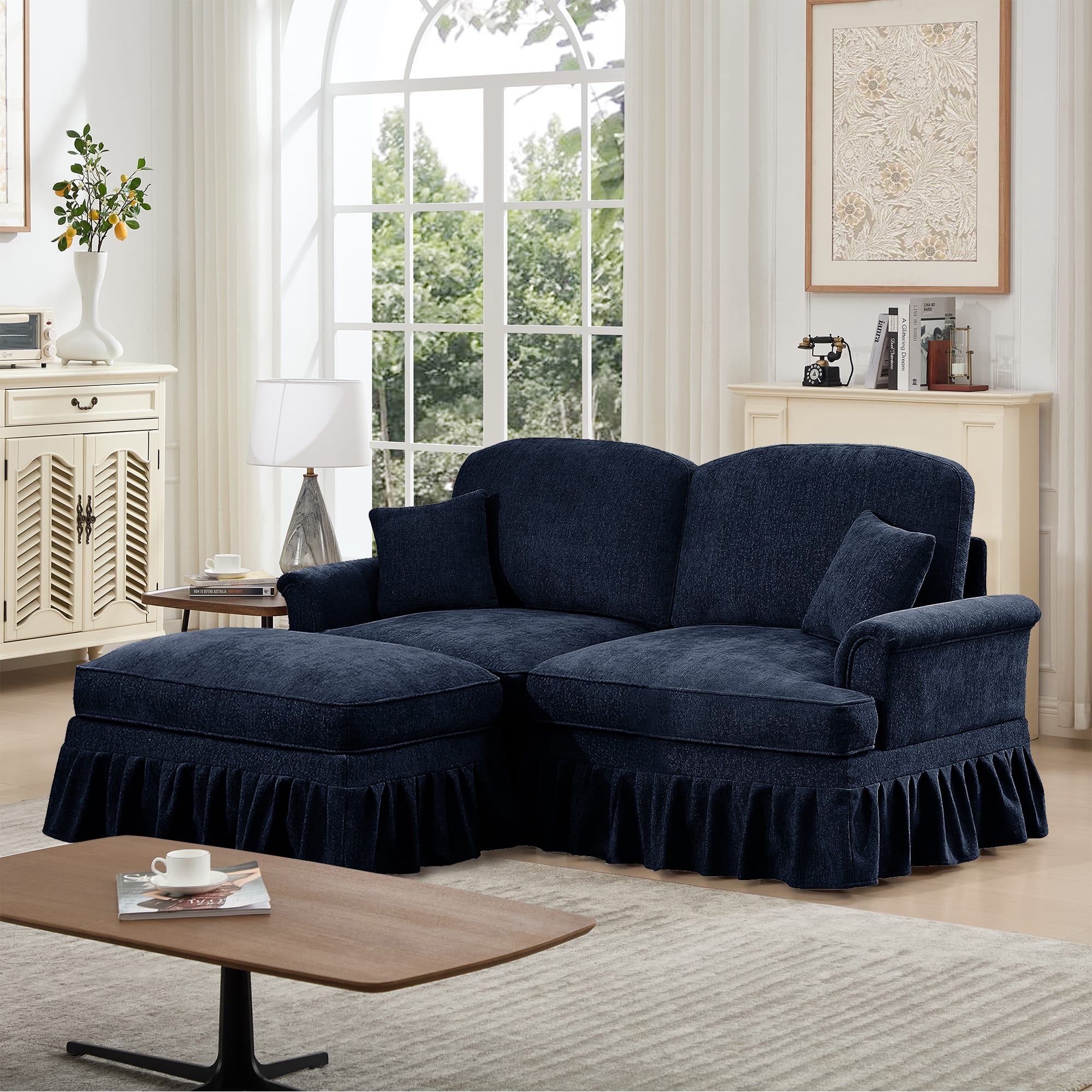 Photos - Sofa Anysun - Mid-Century L-Shape Chenille Loveseat with Ottoman - Flared Arms, Ruffled Skirt & Spindle Legs - Blue AS-HLS5MT1234
