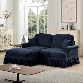 Anysun - Mid-Century L-Shape Chenille Loveseat with Ottoman - Flared Arms, Ruffled Skirt & Spindle Legs - Blue