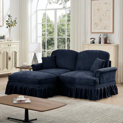 Front. Anysun - Mid-Century L-Shape Chenille Loveseat with Ottoman - Flared Arms, Ruffled Skirt & Spindle Legs - Blue.
