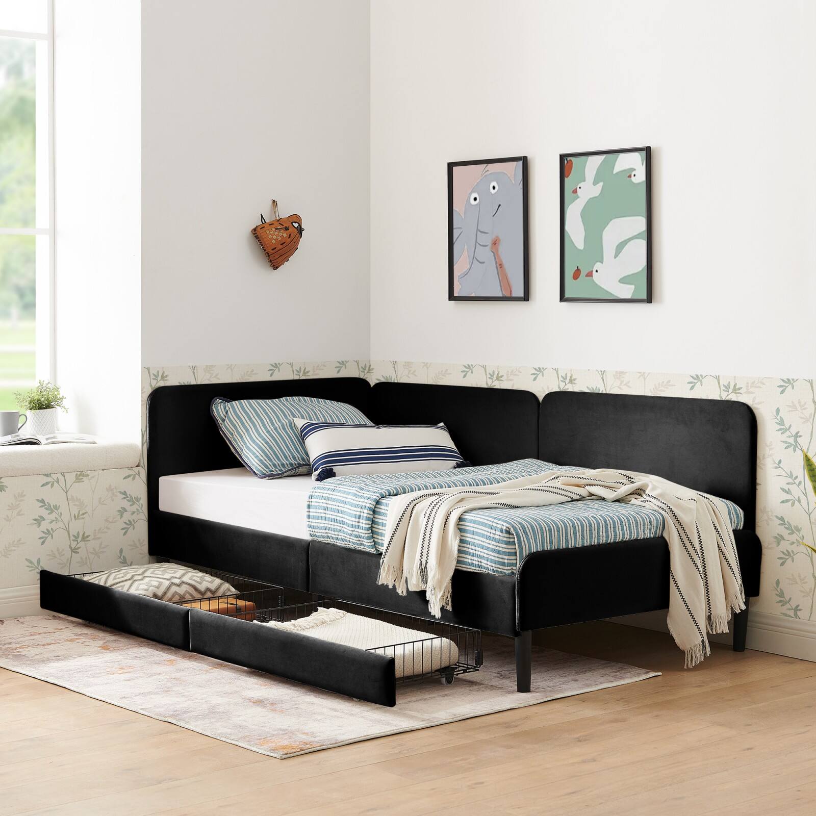 Alt View 3. Ecooso - Twin Size Upholstered Platform Bed Frame with 2 Storage Drawers, Adjustable Velvet Sofa Bed - Black.