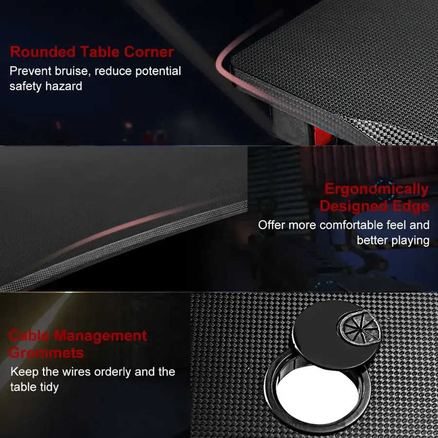 The image features a product with four descriptions of its features. The first feature is a rounded table corner, which helps prevent bruises and reduce potential safety hazards. The second feature is an ergonomically designed edge that offers a more comfortable feel and better playing experience. The third feature is cable management grommets that keep the wires orderly and the table tidy. The fourth feature is a unique design element that offers a better playing experience.